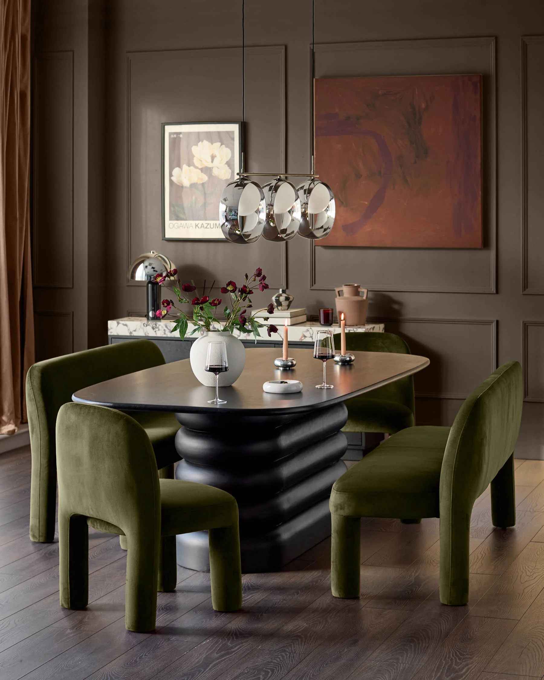 Mason olive green velvet 3 seater dining bench - Image 3