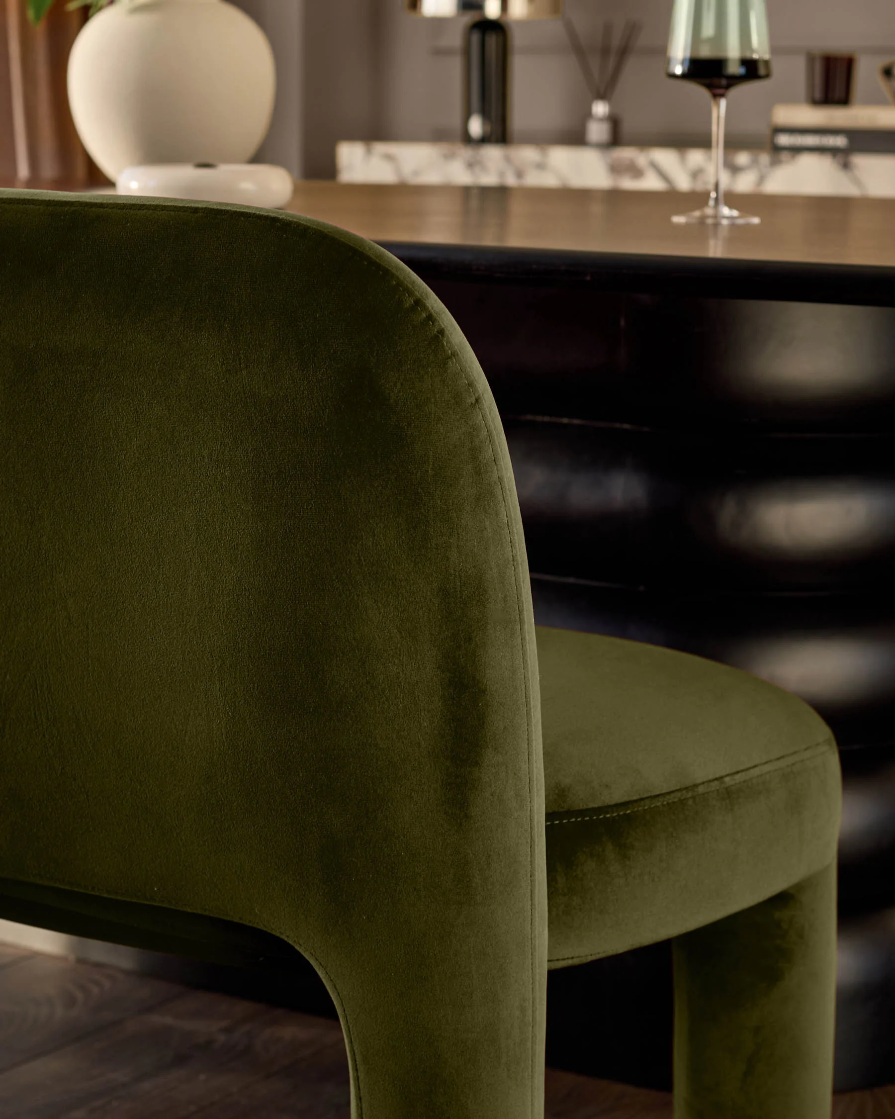 Mason olive green velvet 3 seater dining bench - Image 6