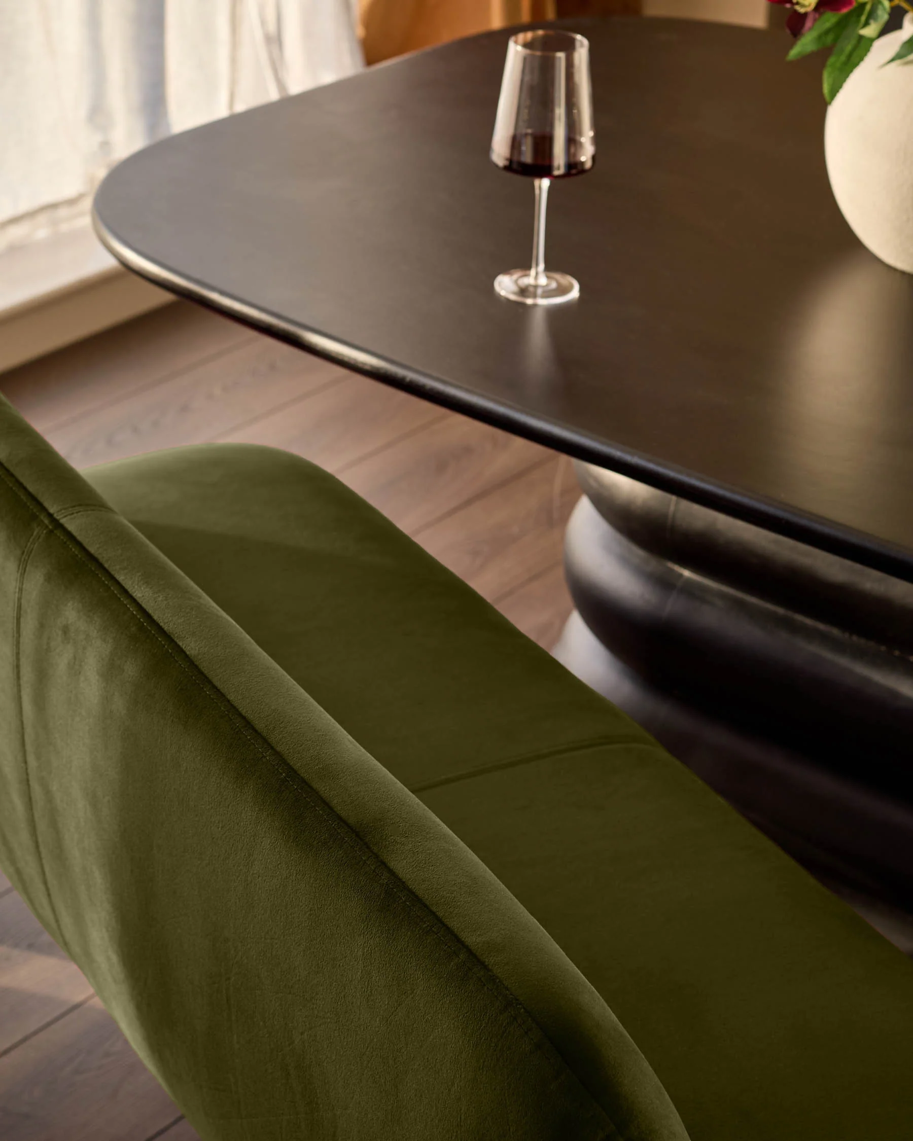 Mason olive green velvet 3 seater dining bench - Image 7