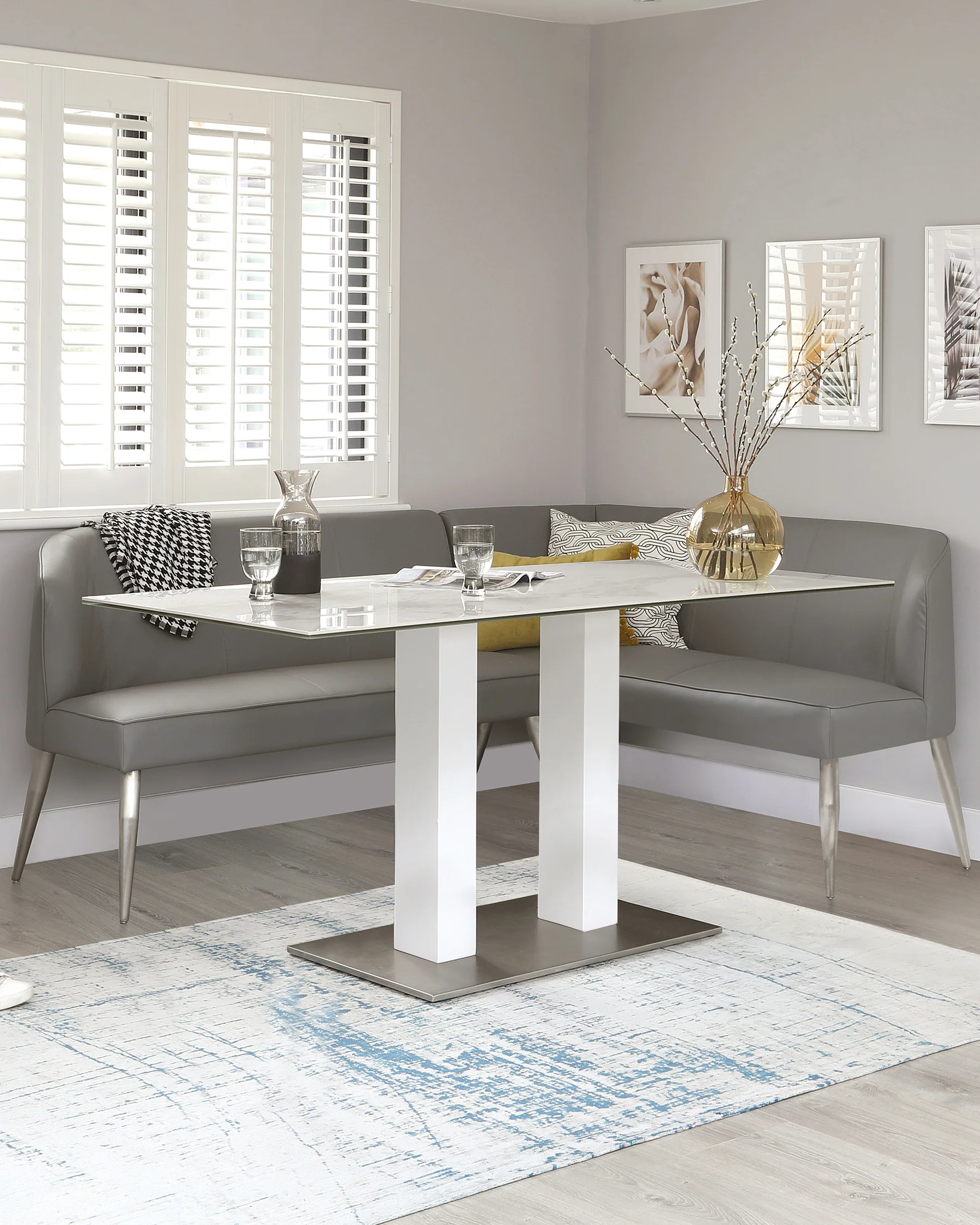 Mellow 5 Seater Mid Grey Faux Leather And Stainless Steel Left Hand Corner Bench