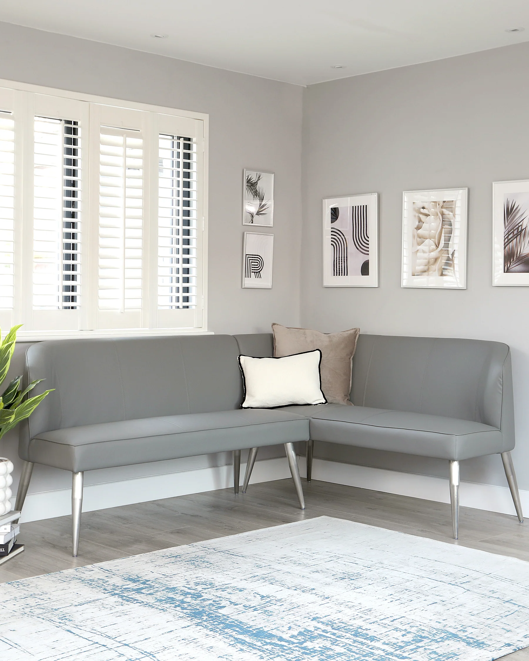 Mellow 5 Seater Mid Grey Faux Leather And Stainless Steel Left Hand Corner Bench - Image 3