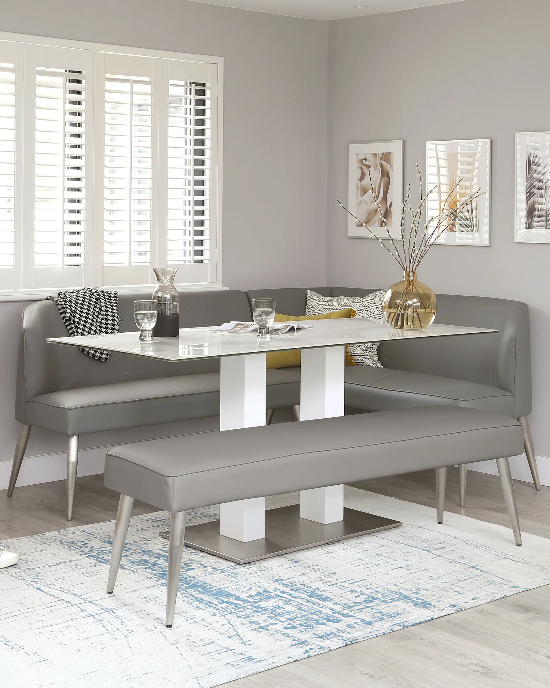 Mellow 5 Seater Mid Grey Faux Leather And Stainless Steel Left Hand Corner Bench - Image 4