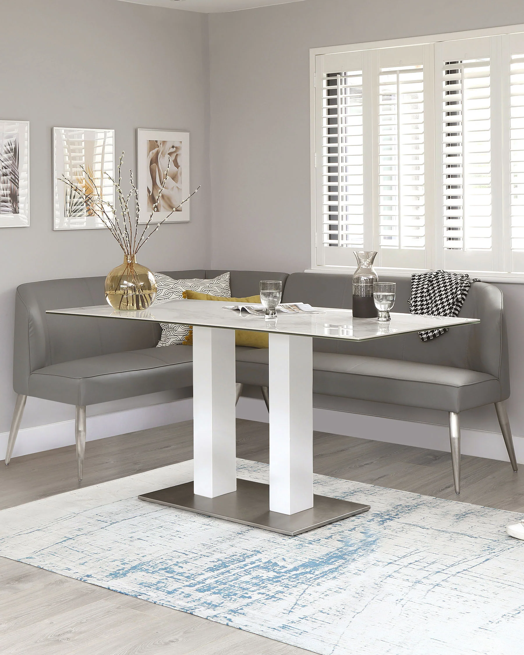 Mellow Mid Grey Faux Leather & Brushed Stainless Steel 5 Seater Right Hand Corner Bench - Image 2
