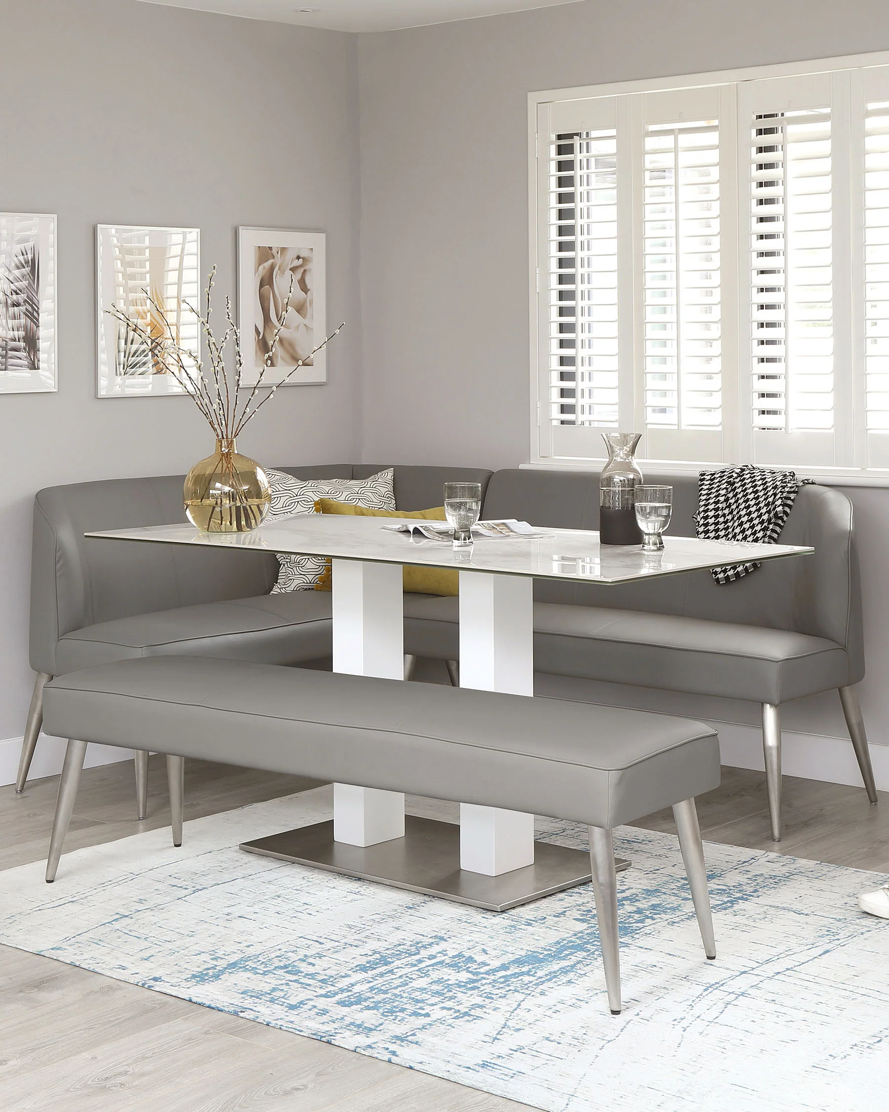 Mellow Mid Grey Faux Leather & Brushed Stainless Steel 5 Seater Right Hand Corner Bench - Image 4