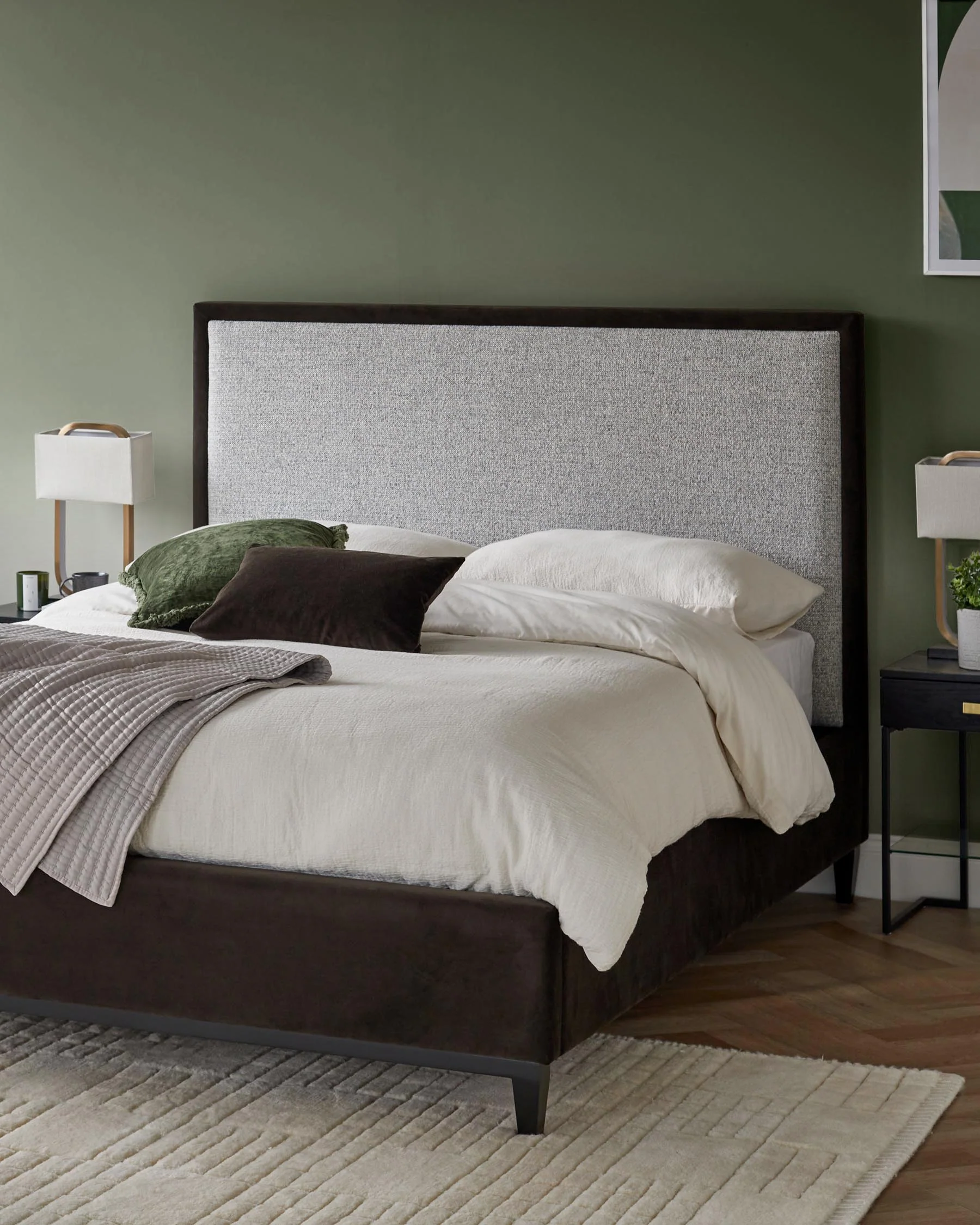 Monica grey fabric and dark chocolate velvet king size ottoman storage bed