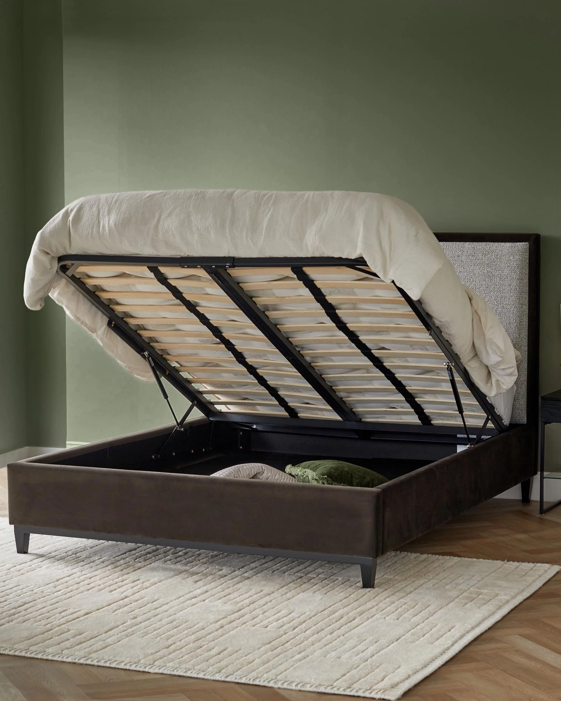 Monica grey fabric and dark chocolate velvet king size ottoman storage bed - Image 5