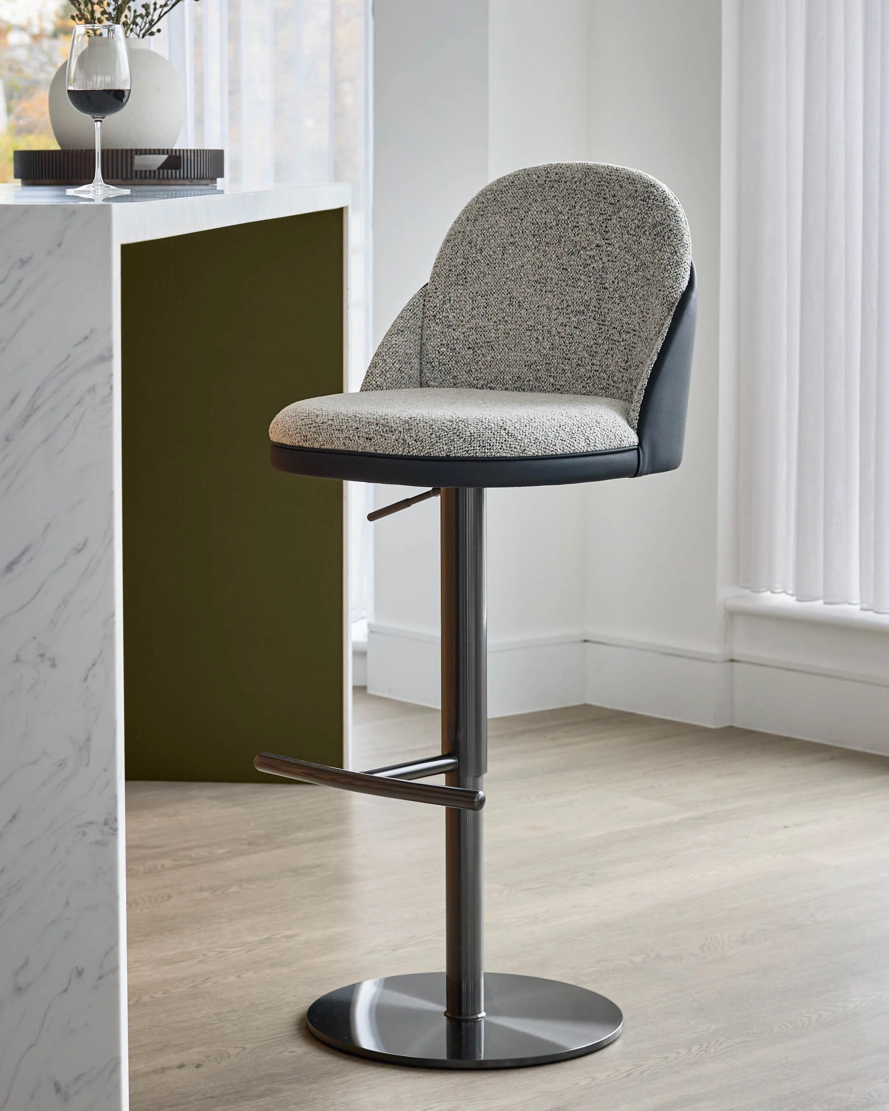 Myra grey fabric and black faux leather gas lift bar stool