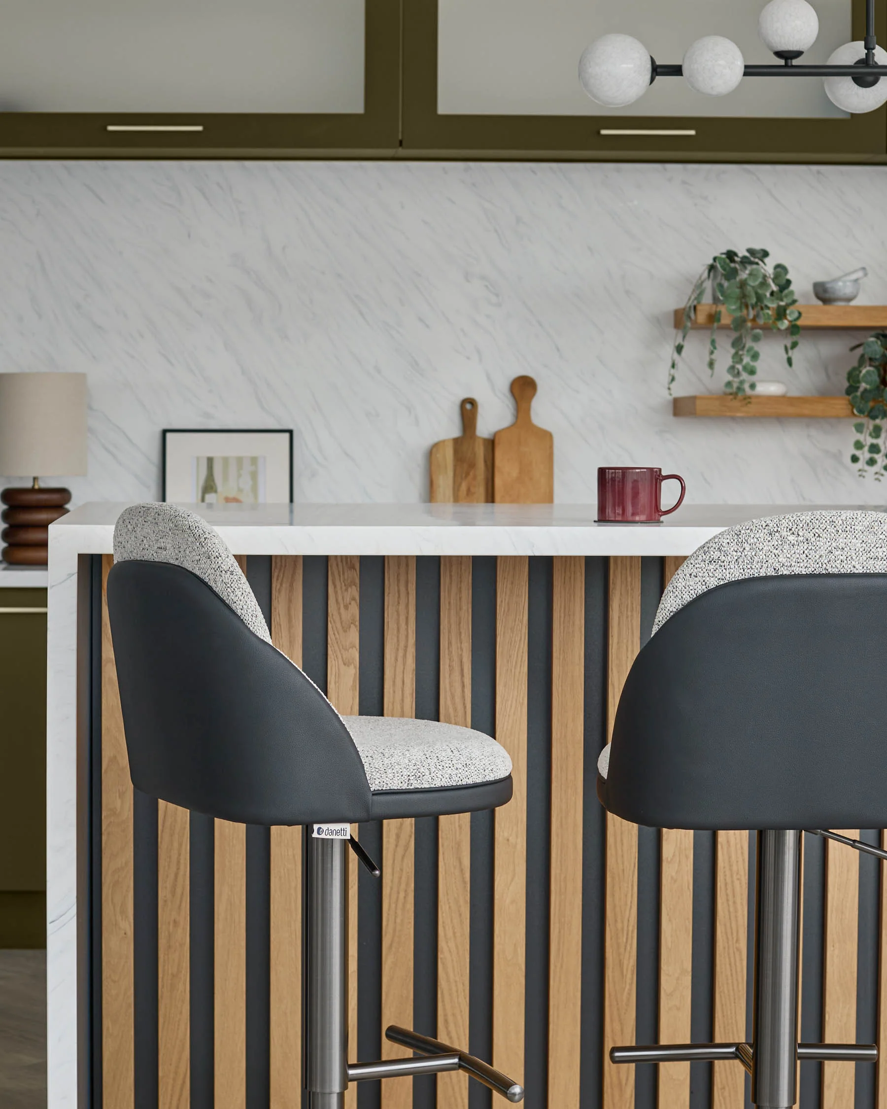 Myra grey fabric and black faux leather gas lift bar stool - Image 2