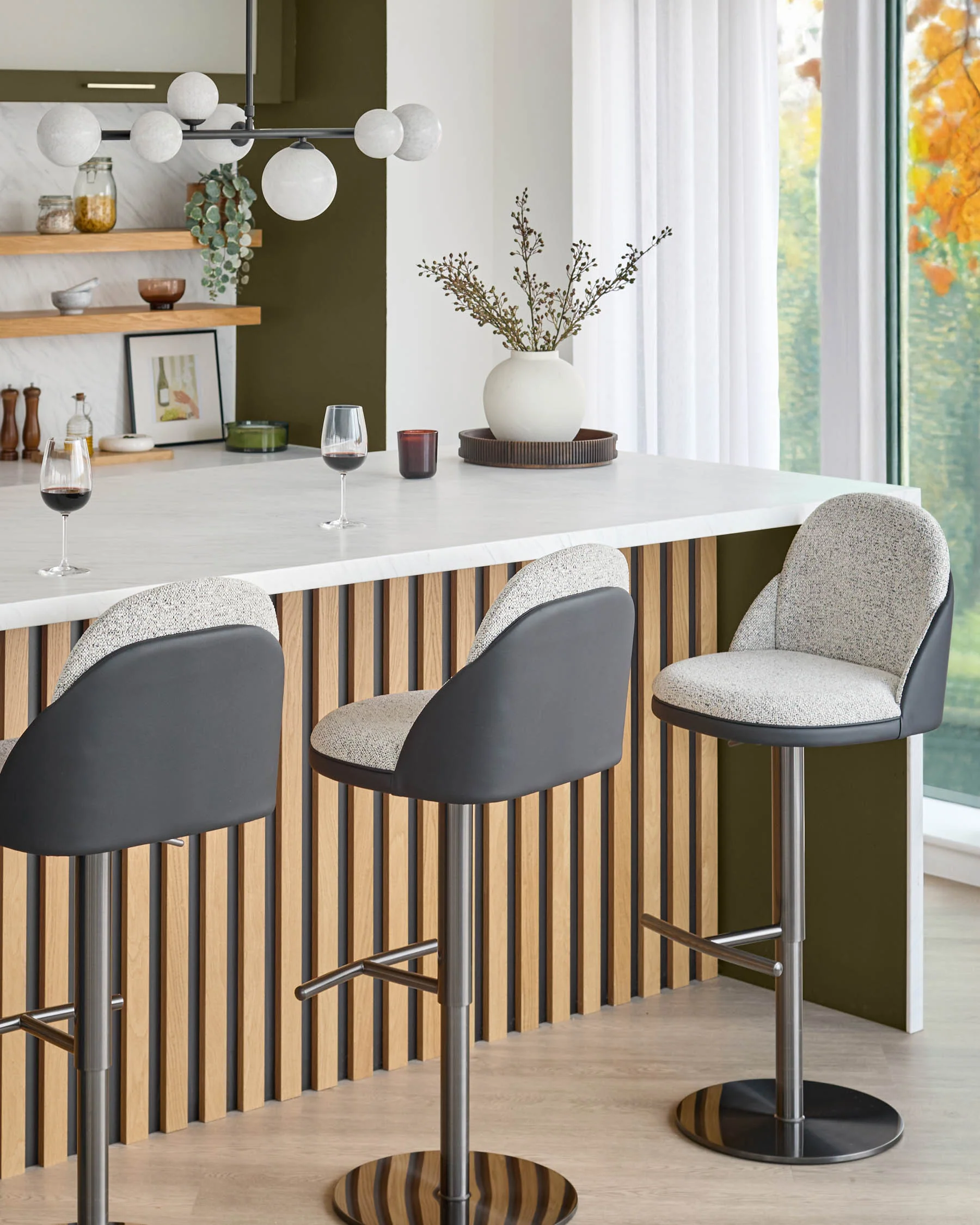 Myra grey fabric and black faux leather gas lift bar stool - Image 3