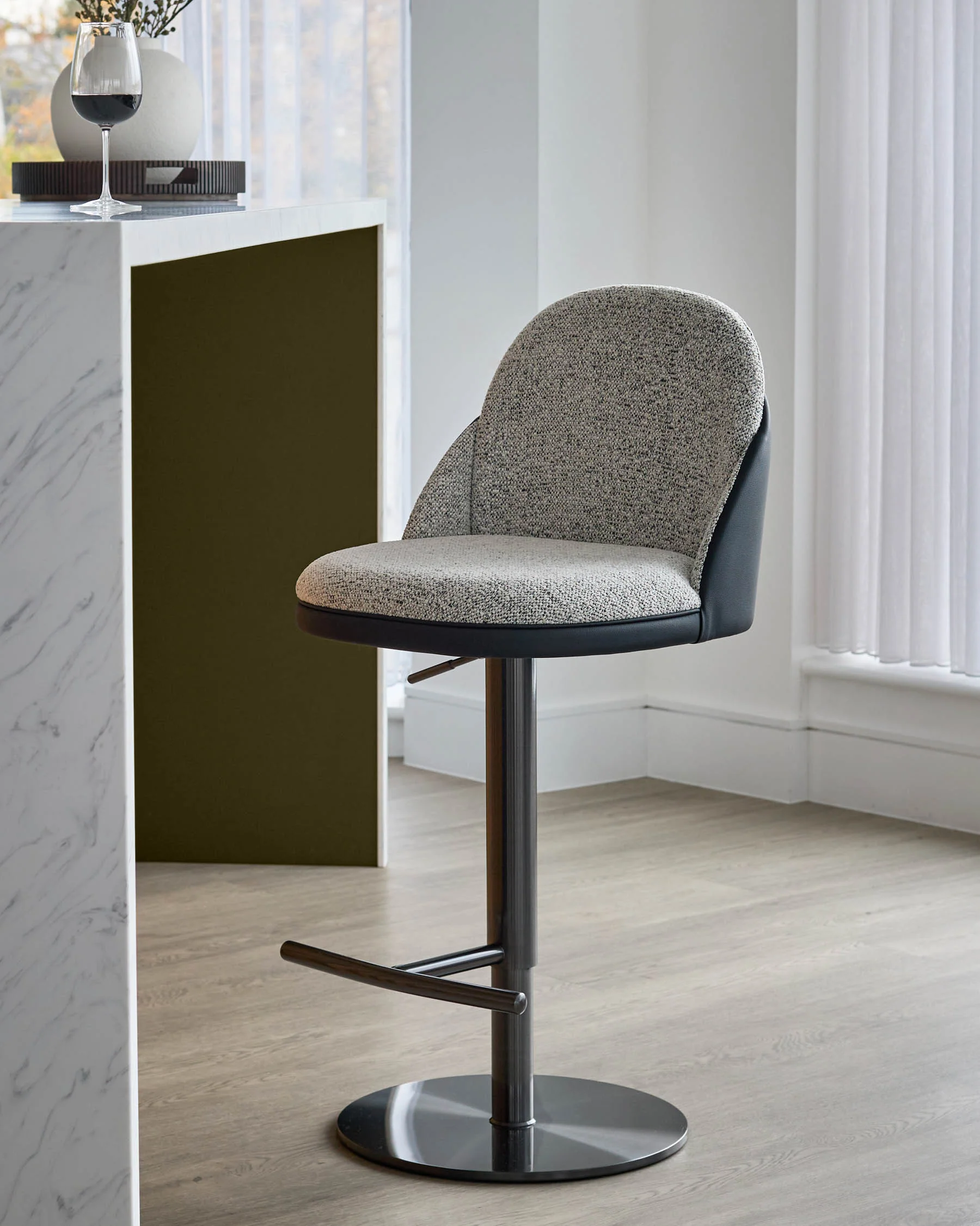 Myra grey fabric and black faux leather gas lift bar stool - Image 8