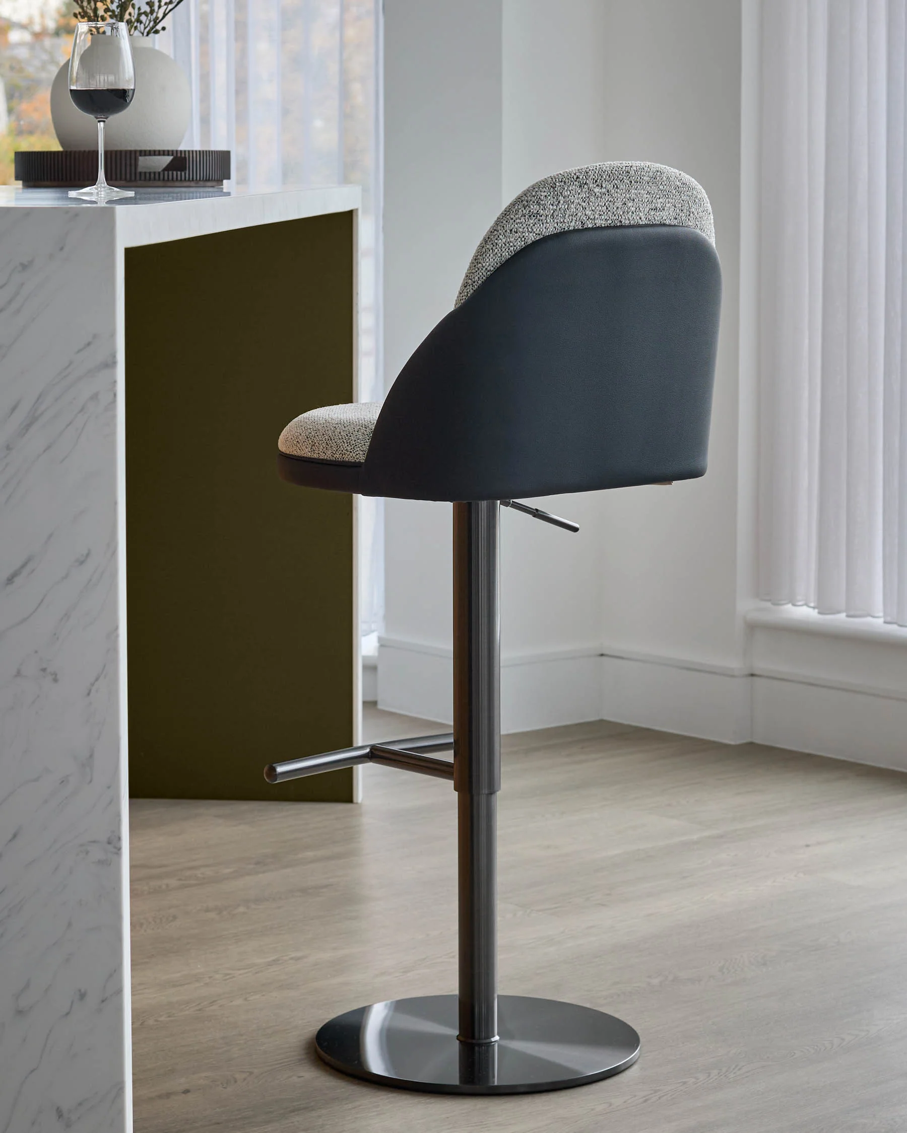 Myra grey fabric and black faux leather gas lift bar stool - Image 9