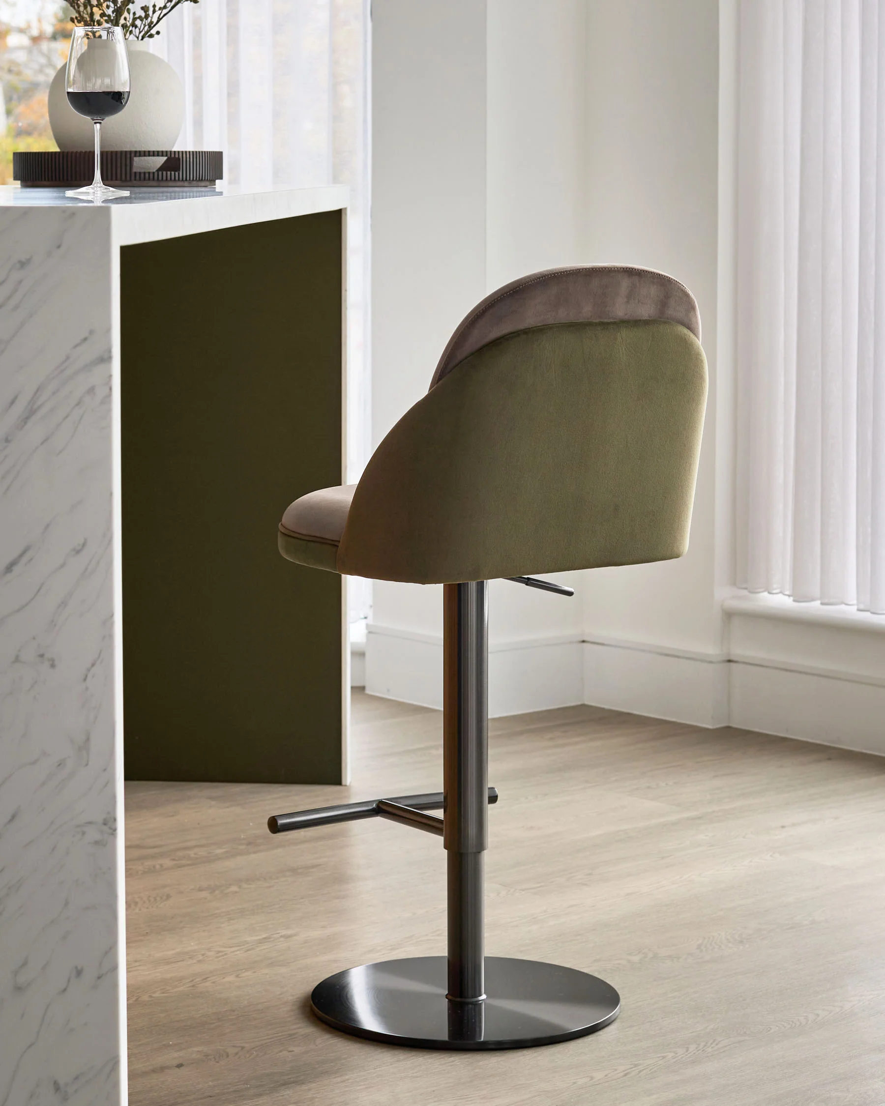 Myra olive green velvet and mocha velvet gas lift bar stool - Image 3