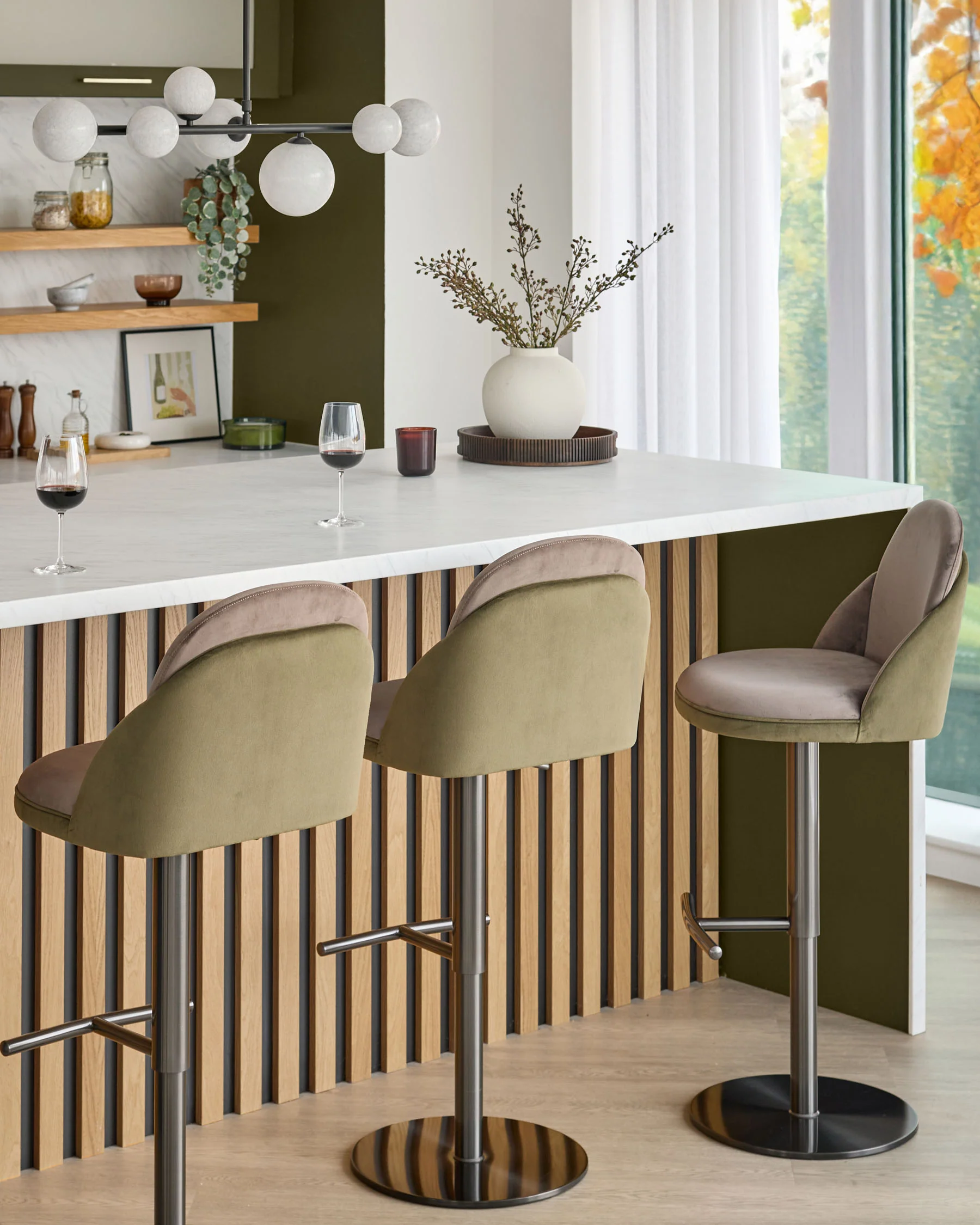 Myra olive green velvet and mocha velvet gas lift bar stool - Image 4