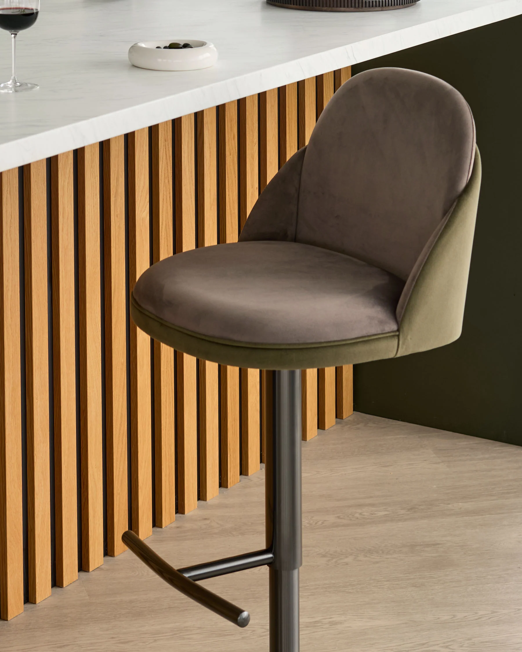 Myra olive green velvet and mocha velvet gas lift bar stool - Image 6