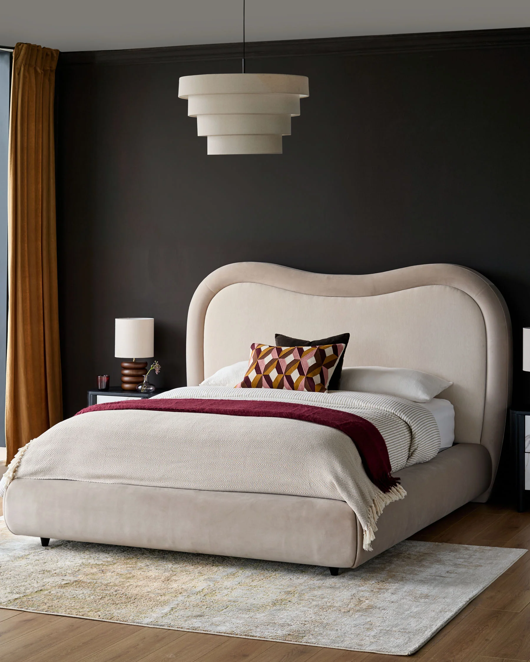 Naomi champagne velvet and natural chenille fabric king size ottoman storage bed