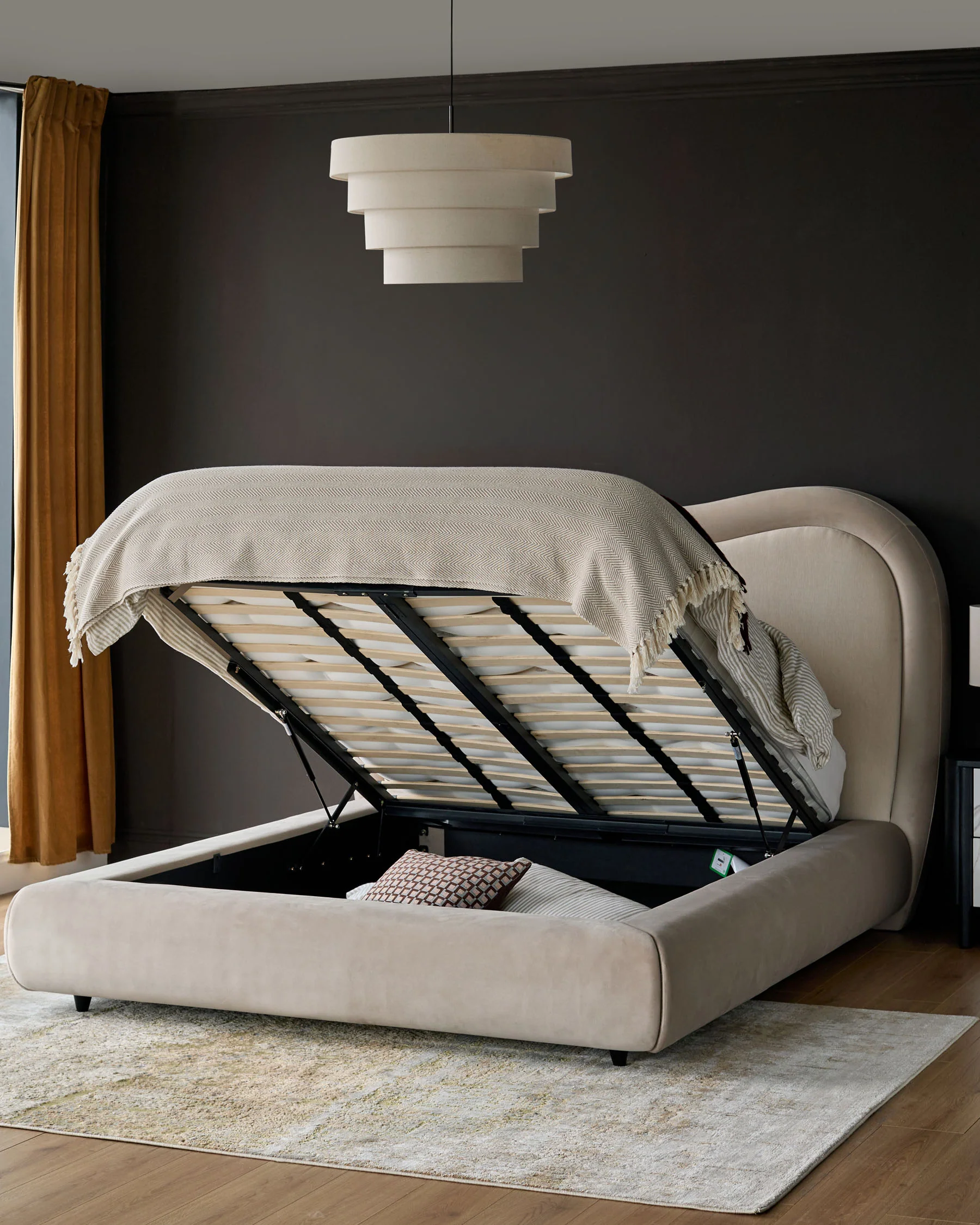 Naomi champagne velvet and natural chenille fabric king size ottoman storage bed - Image 2