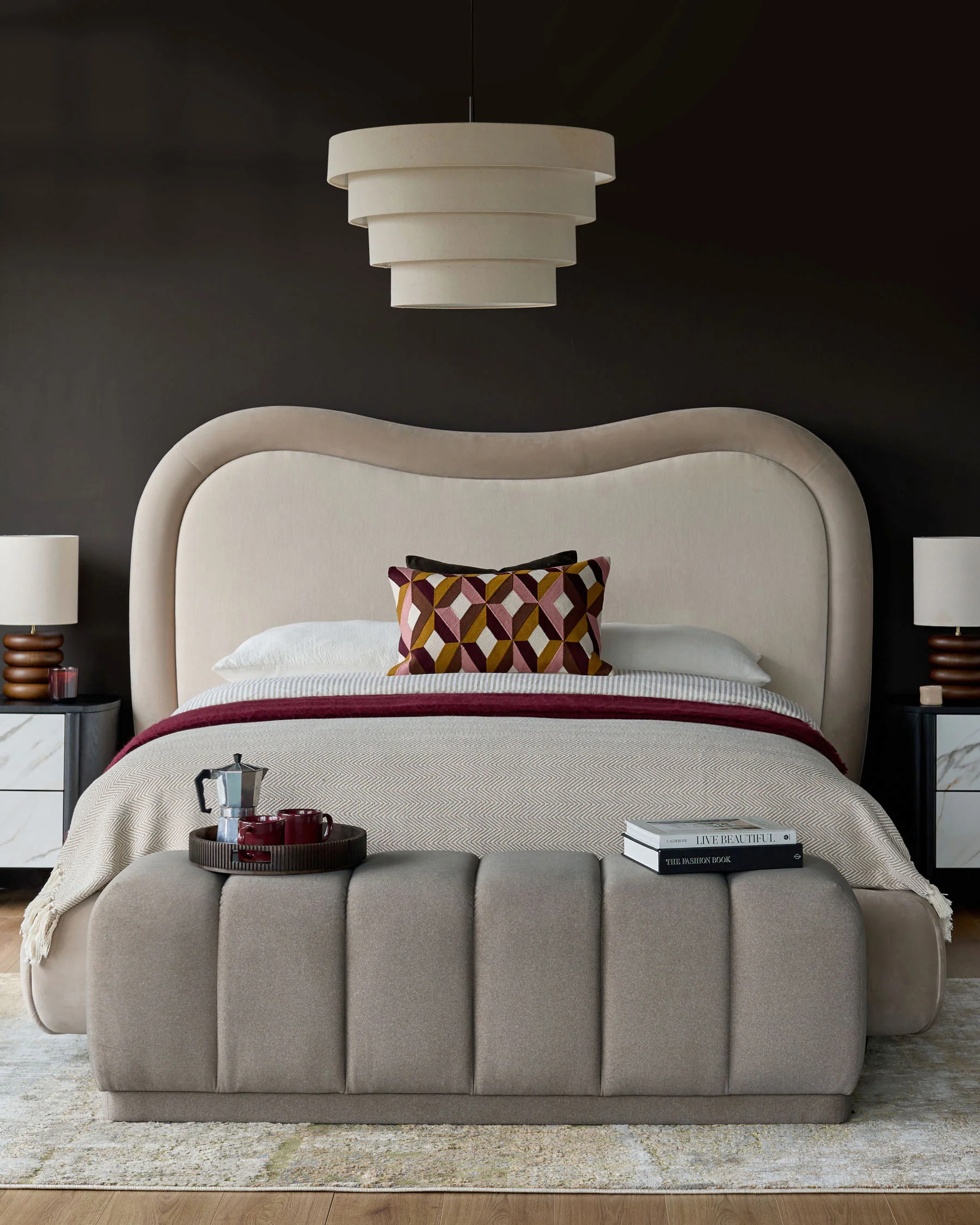 Naomi champagne velvet and natural chenille fabric king size ottoman storage bed - Image 3