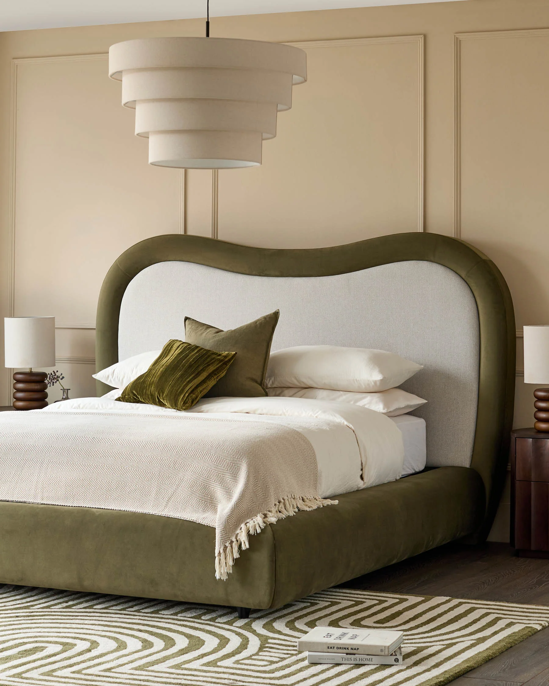 Naomi olive green velvet and natural dual tone fabric king size ottoman storage bed
