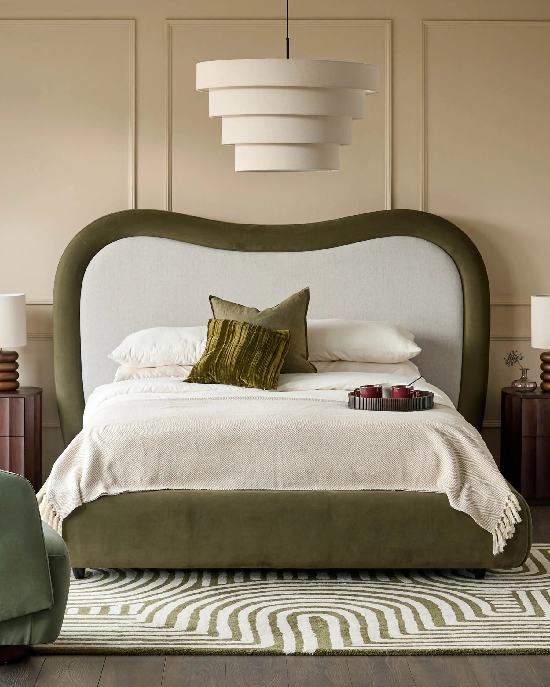 Naomi olive green velvet and natural dual tone fabric king size ottoman storage bed - Image 2