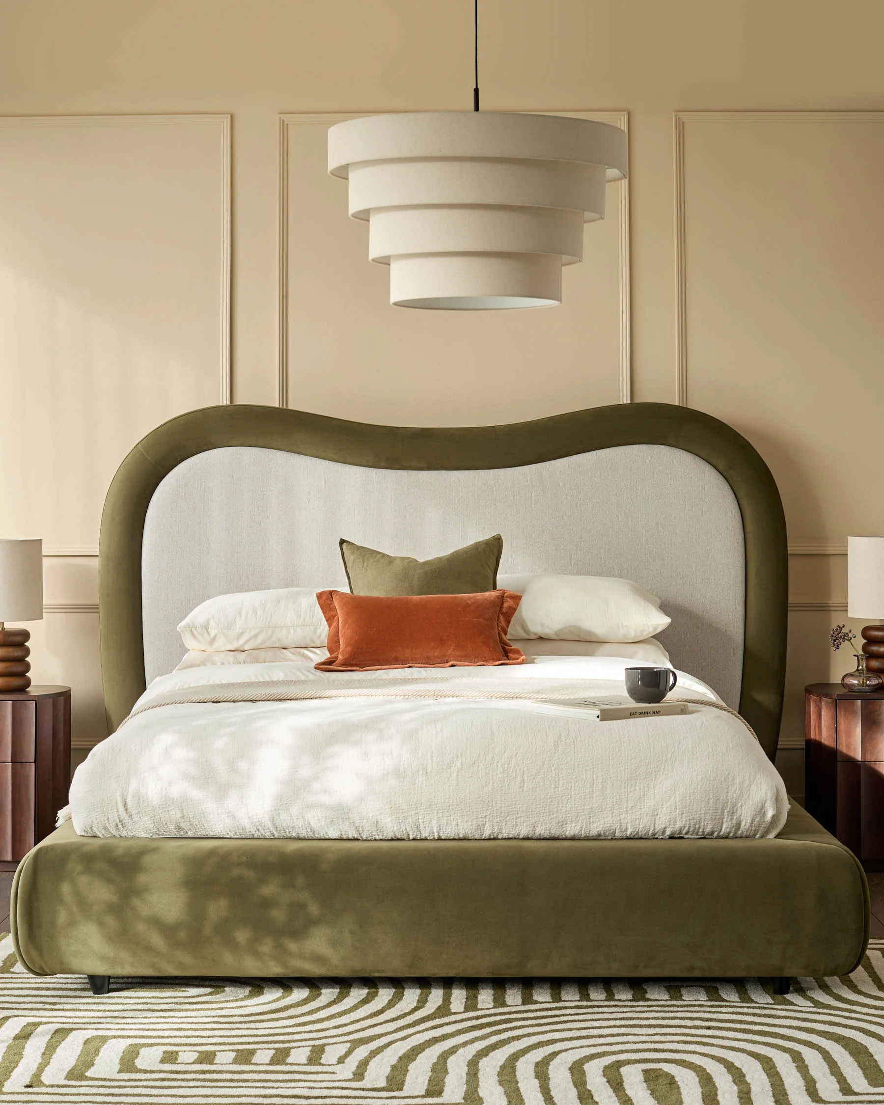 Naomi olive green velvet and natural dual tone fabric king size ottoman storage bed - Image 8