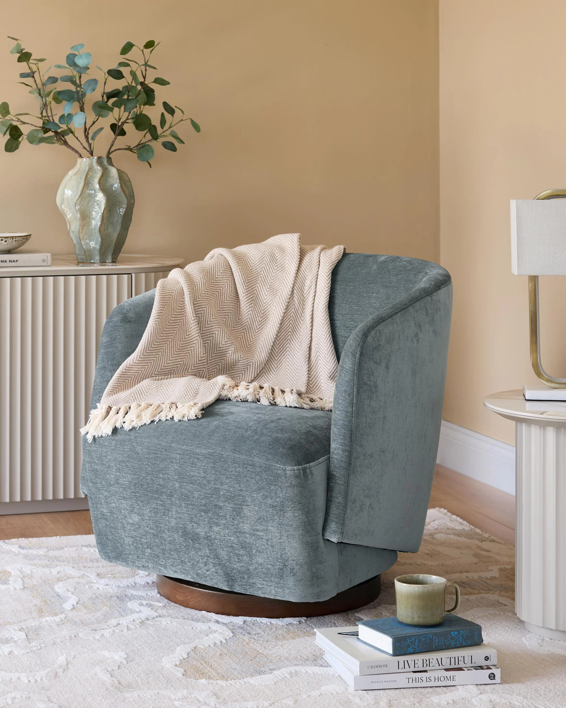 Natalia blue grey chenille swivel accent chair - Image 2