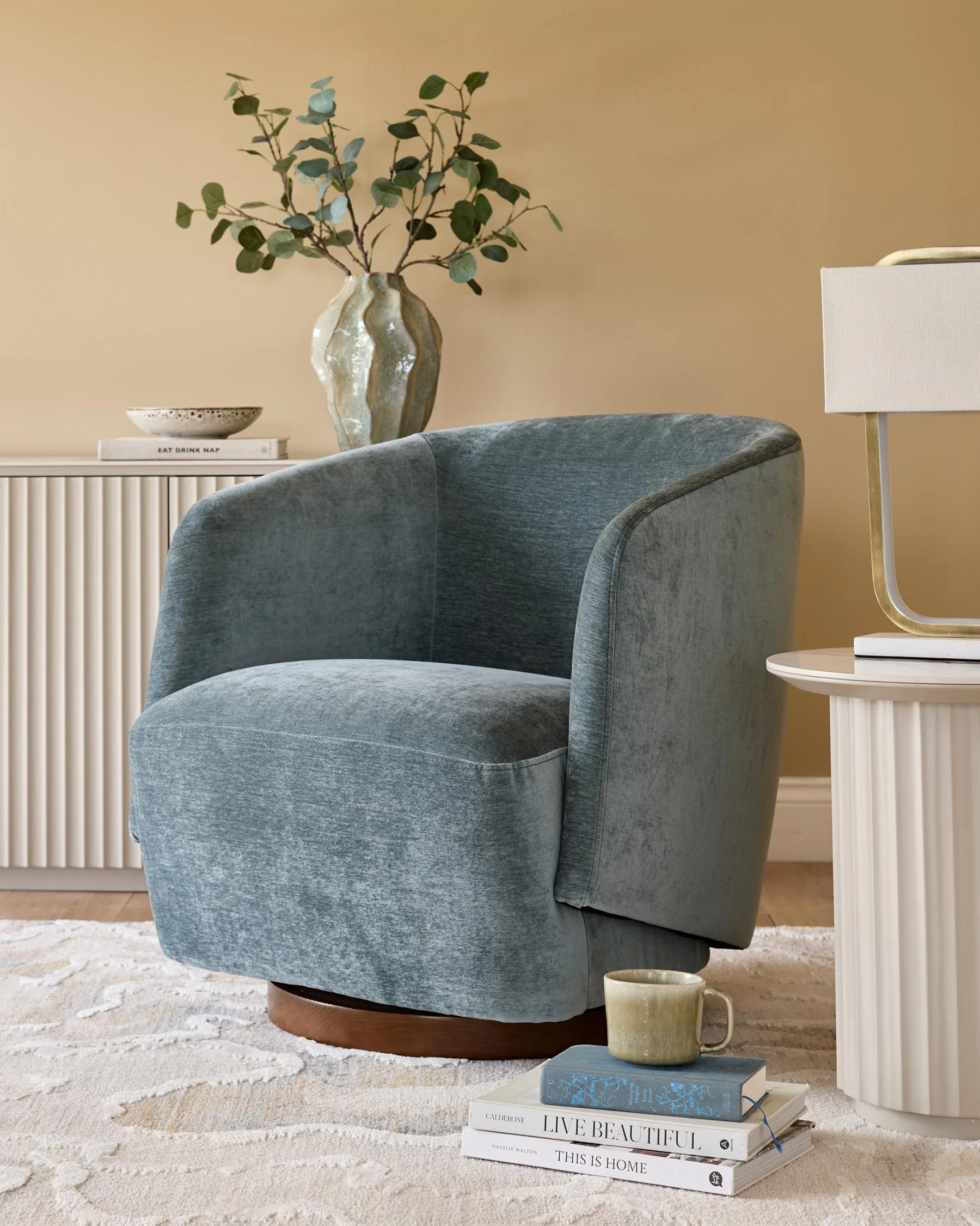 Natalia blue grey chenille swivel accent chair - Image 5