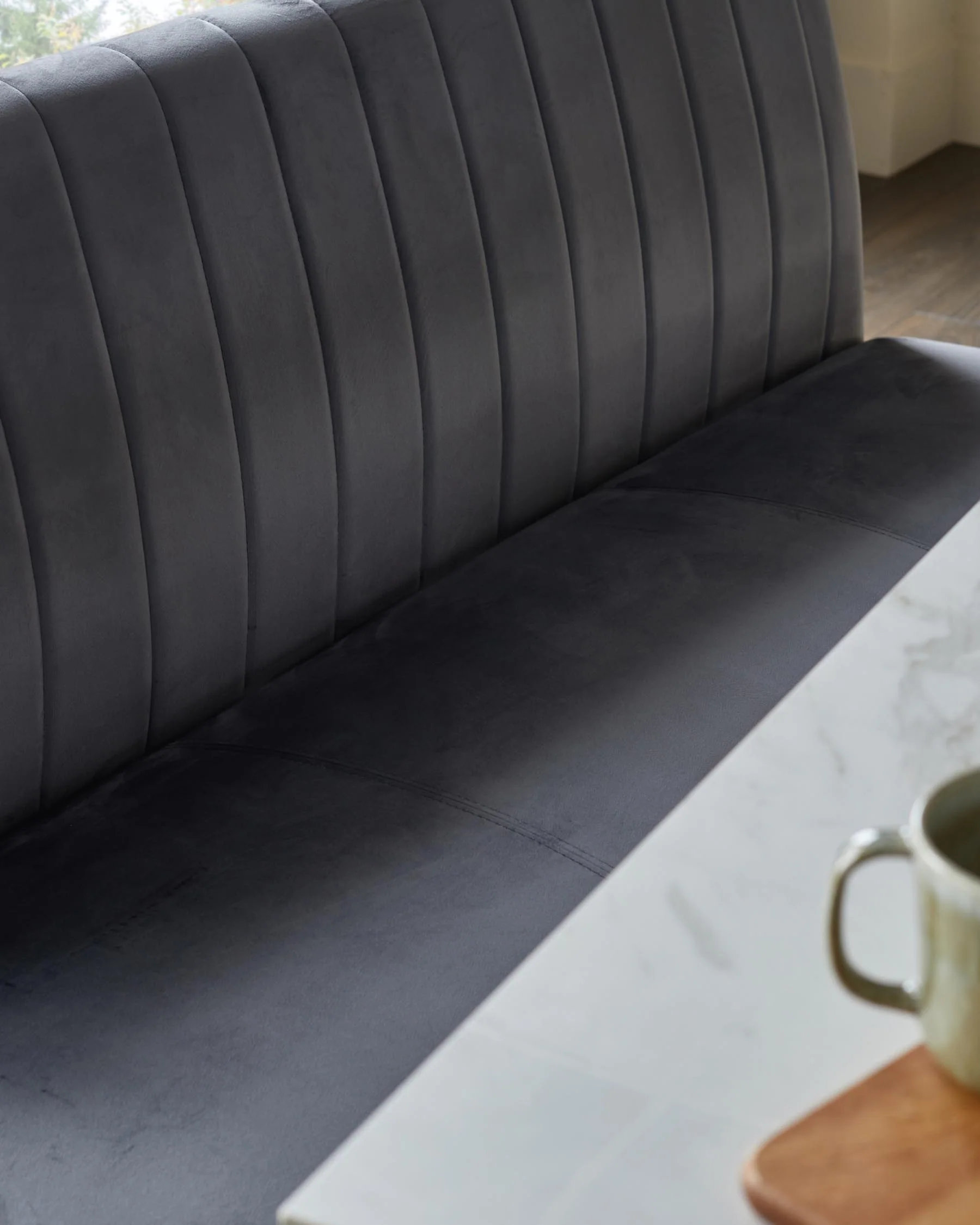 Ophelia dark grey velvet 3 seater dining bench with backrest - Image 5