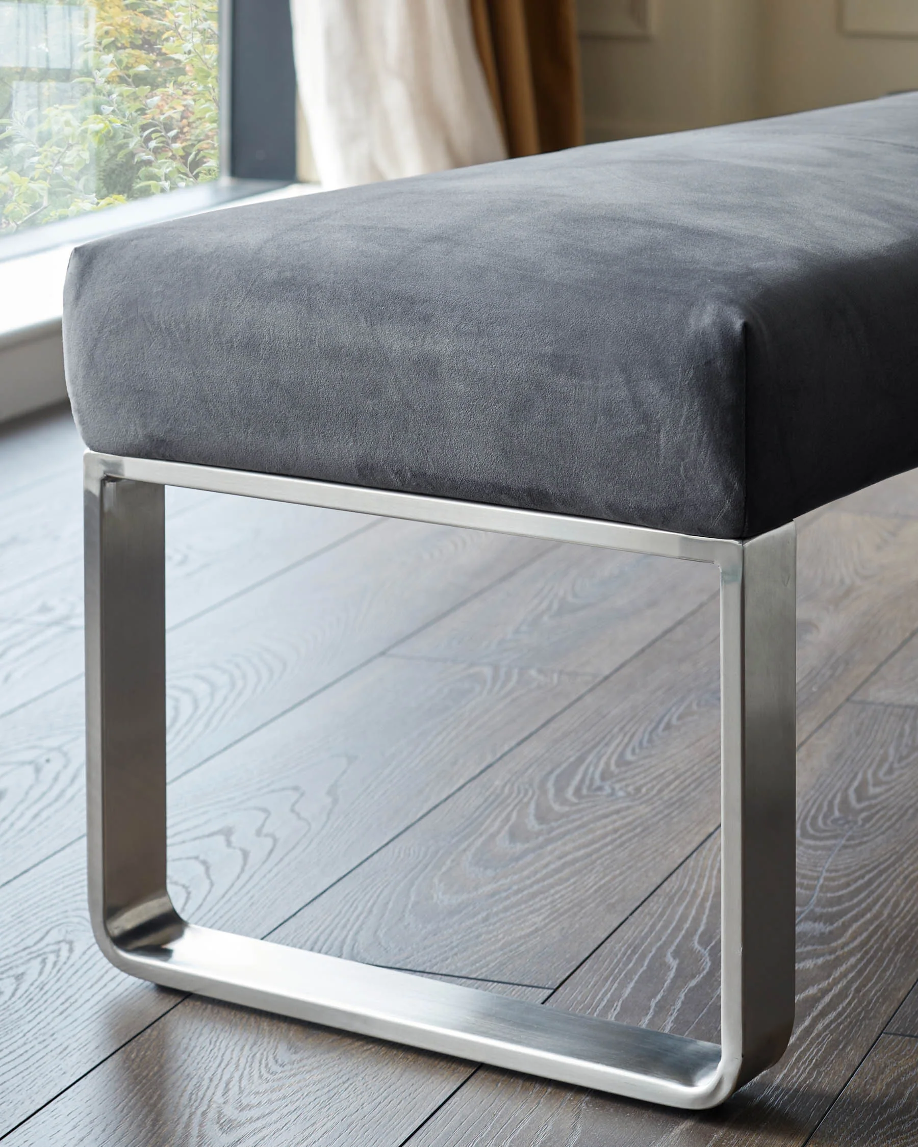 Ophelia 3 Seater Dark Grey Velvet Stainless Steel Bench Without Backrest - Image 3