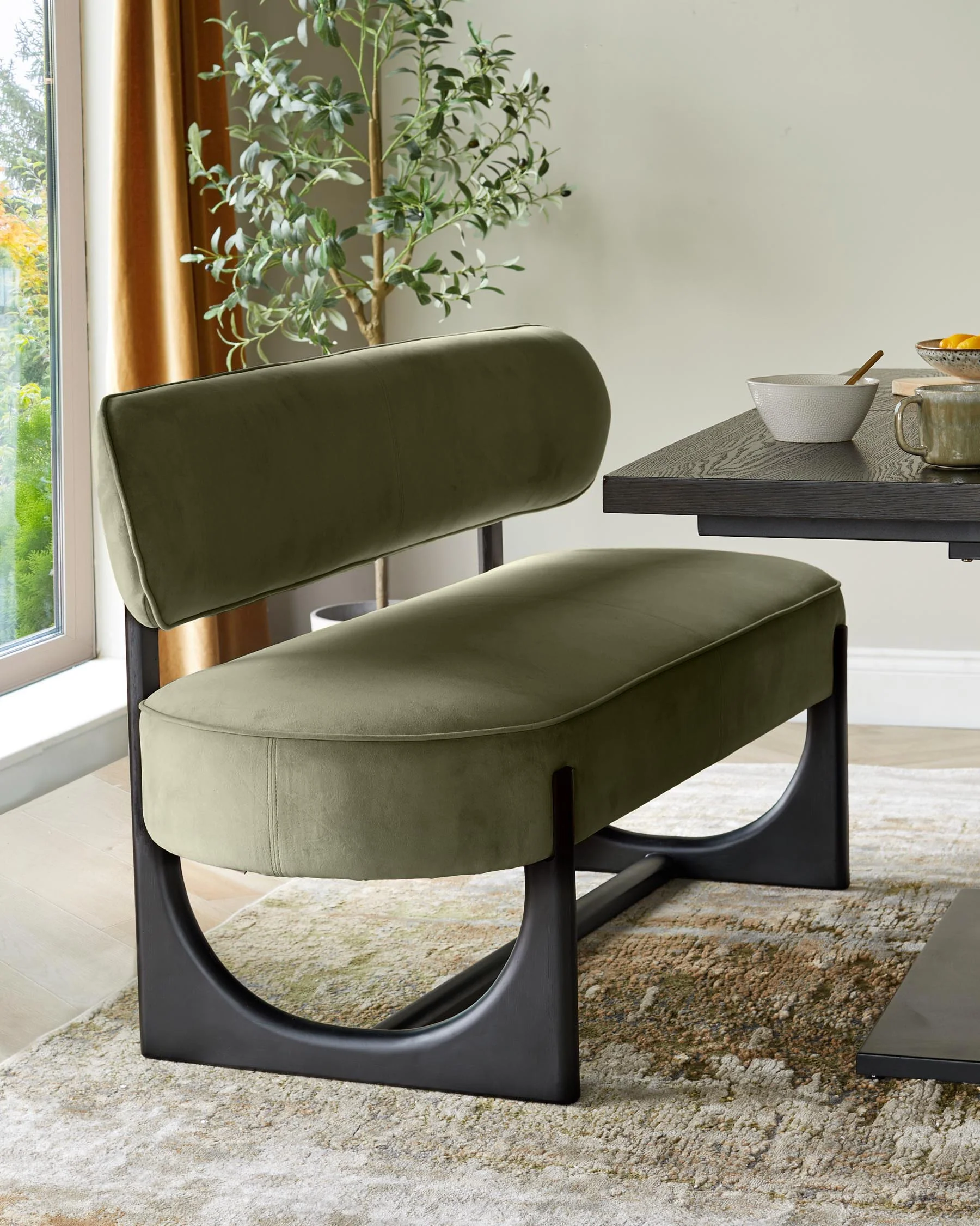 Orlan olive green velvet 3 seater dining bench with backrest