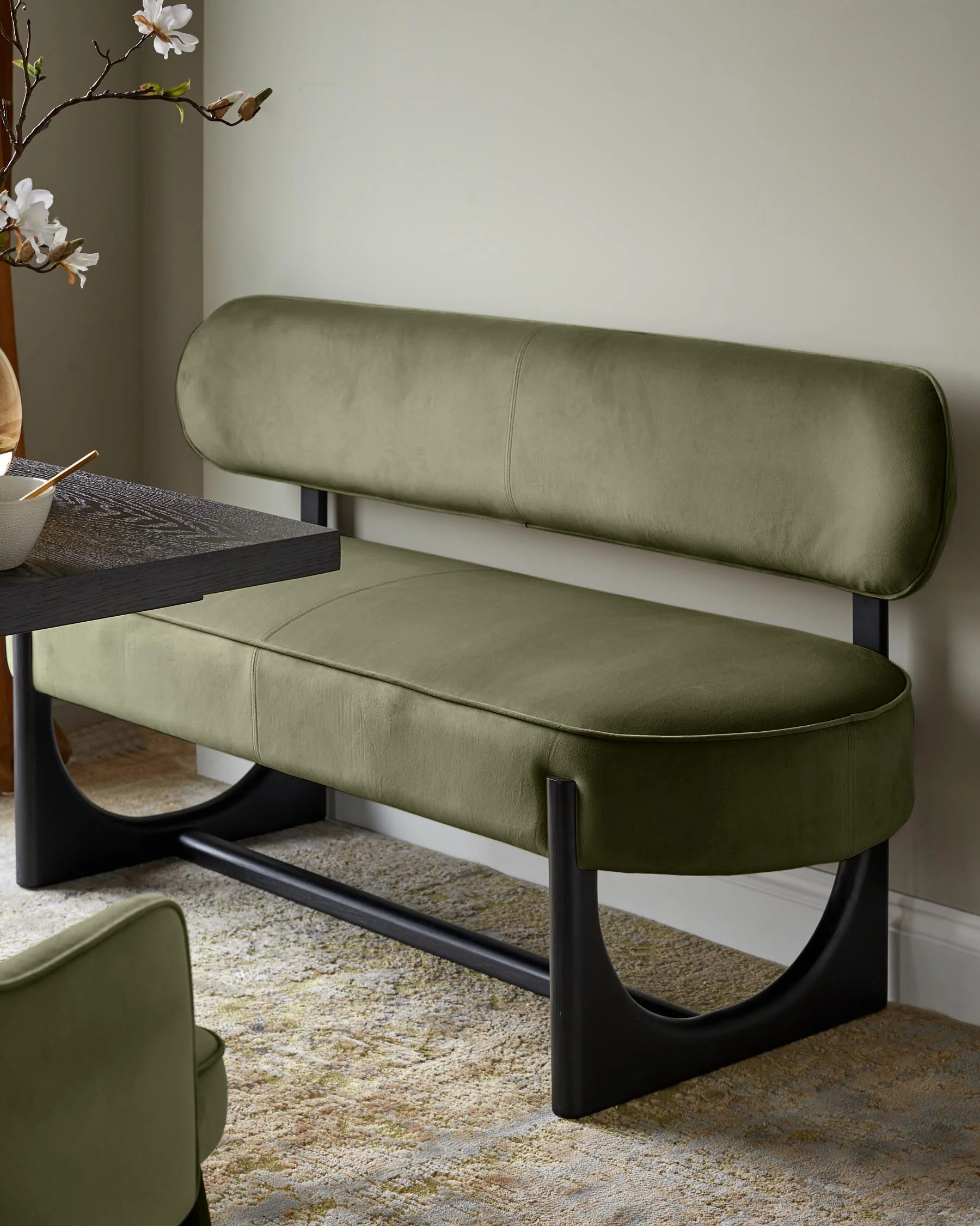 Orlan olive green velvet 3 seater dining bench with backrest - Image 2