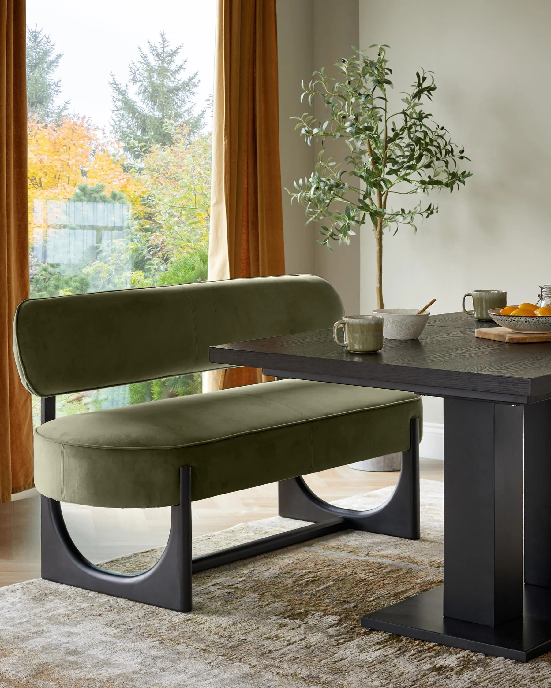 Orlan olive green velvet 3 seater dining bench with backrest - Image 3