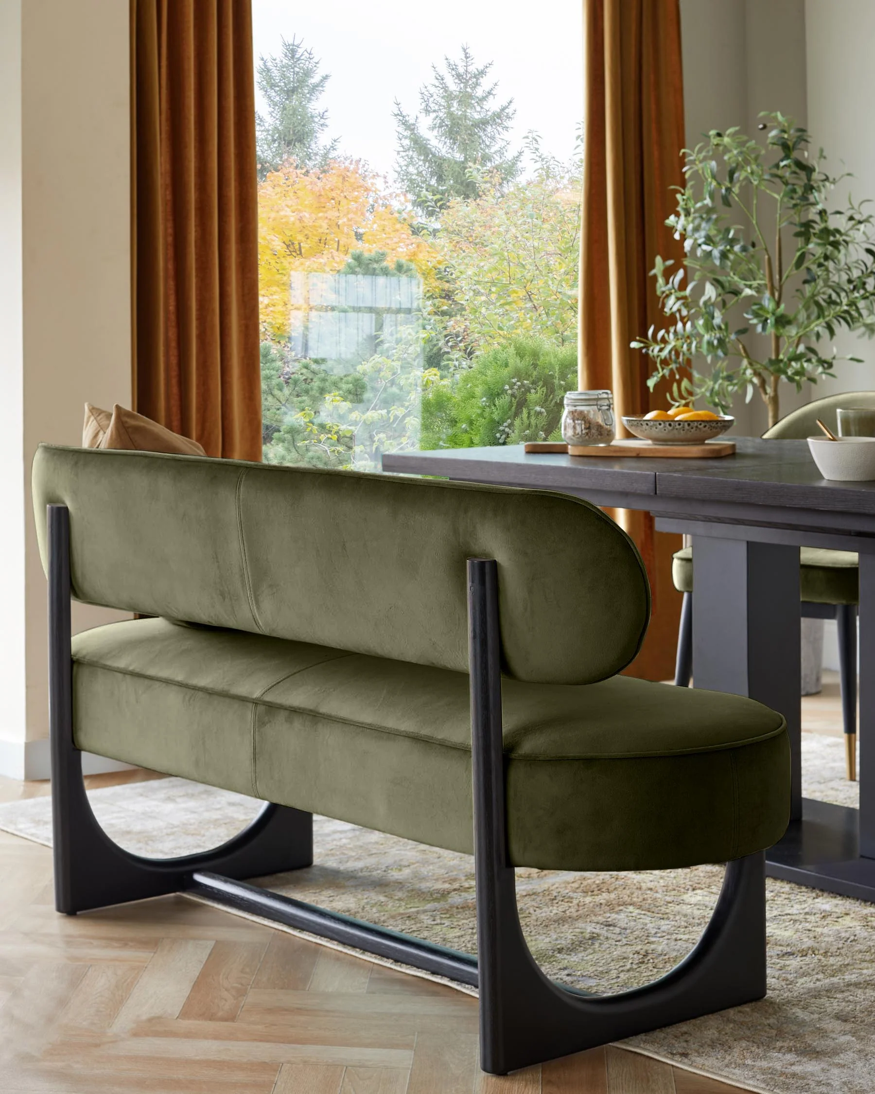 Orlan olive green velvet 3 seater dining bench with backrest - Image 4