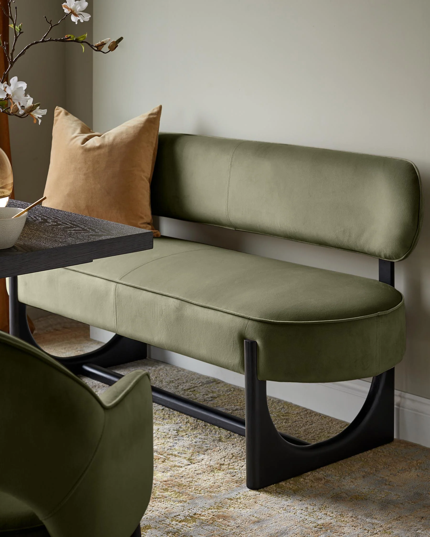 Orlan olive green velvet 3 seater dining bench with backrest - Image 5