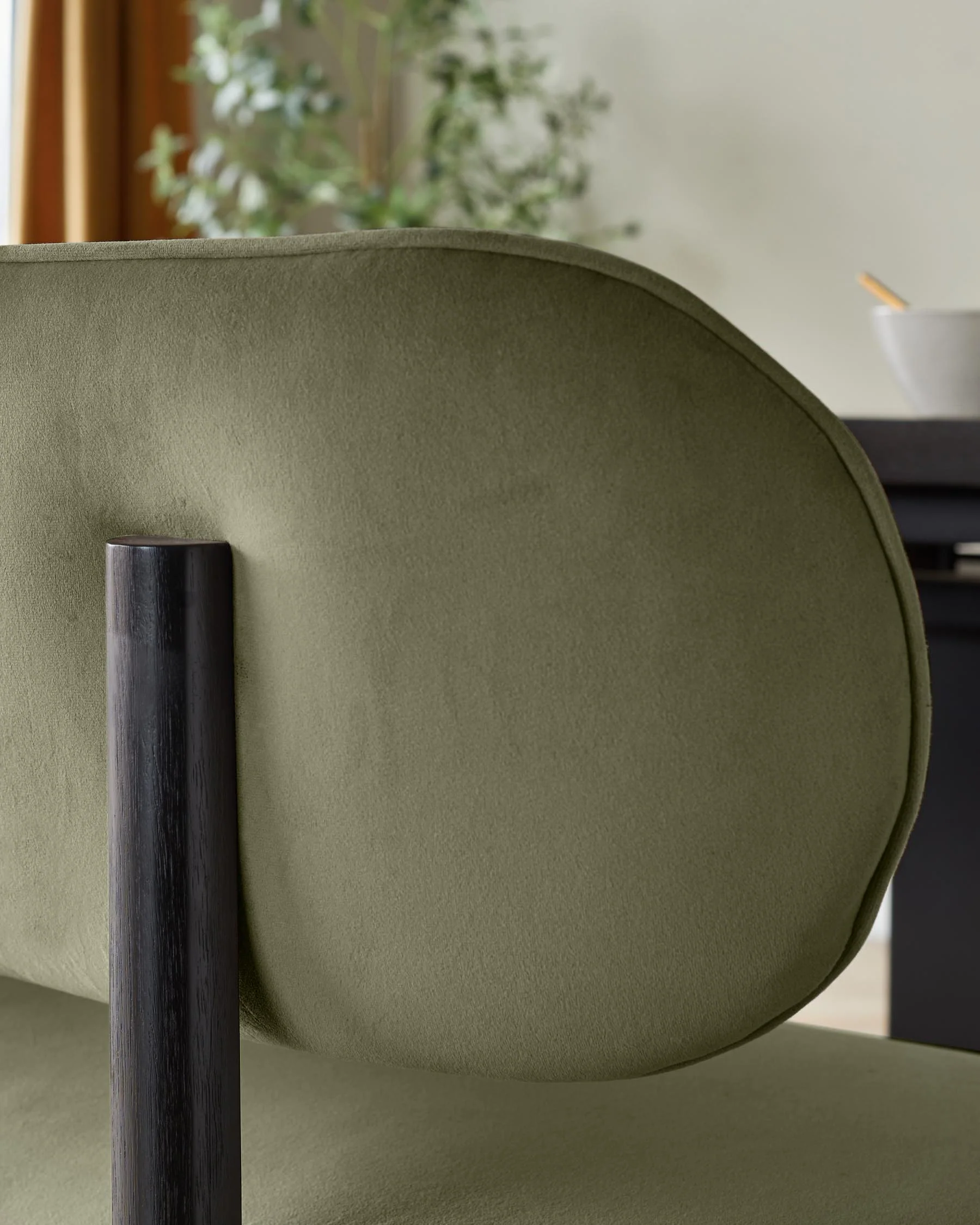 Orlan olive green velvet 3 seater dining bench with backrest - Image 6