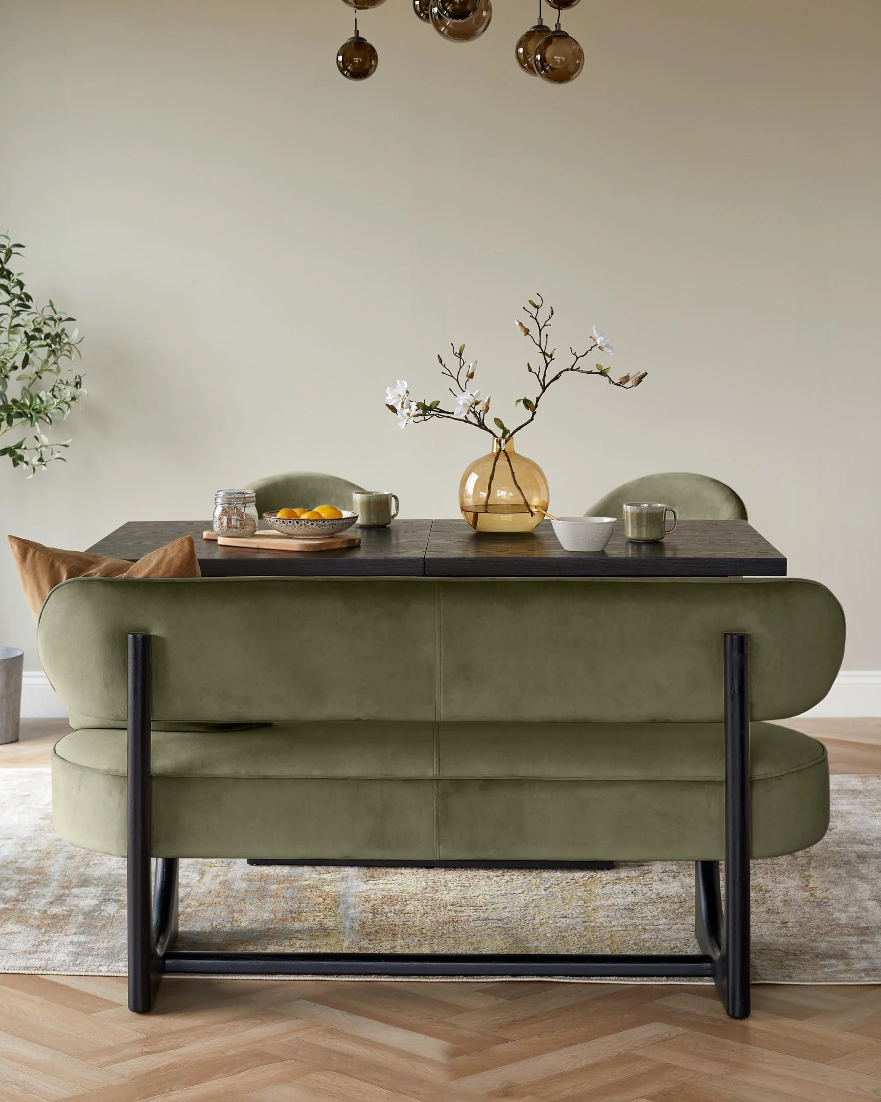 Orlan olive green velvet 3 seater dining bench with backrest - Image 7