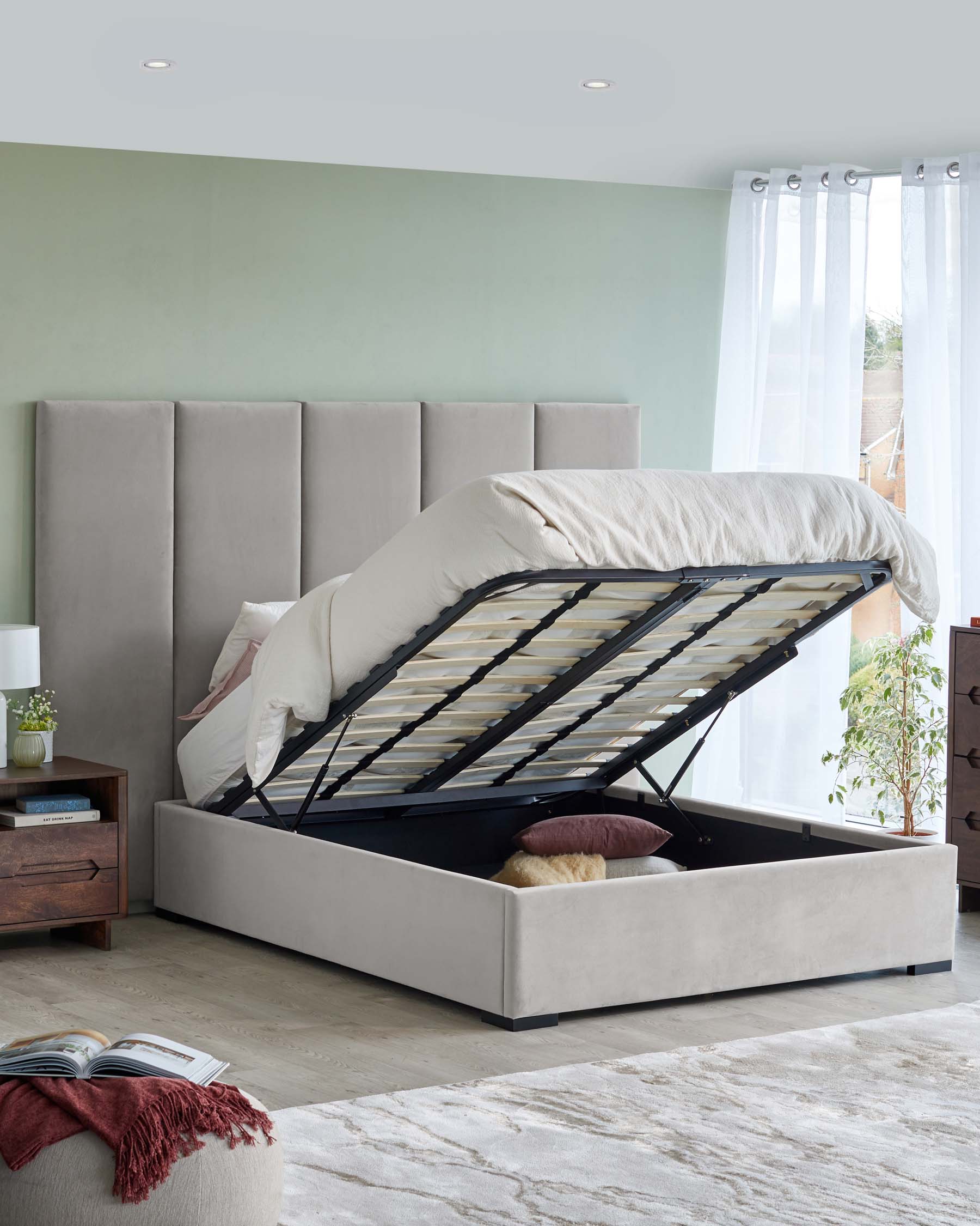 Penelope light grey recycled velvet king size ottoman bed with 5 panel headboard - Image 2