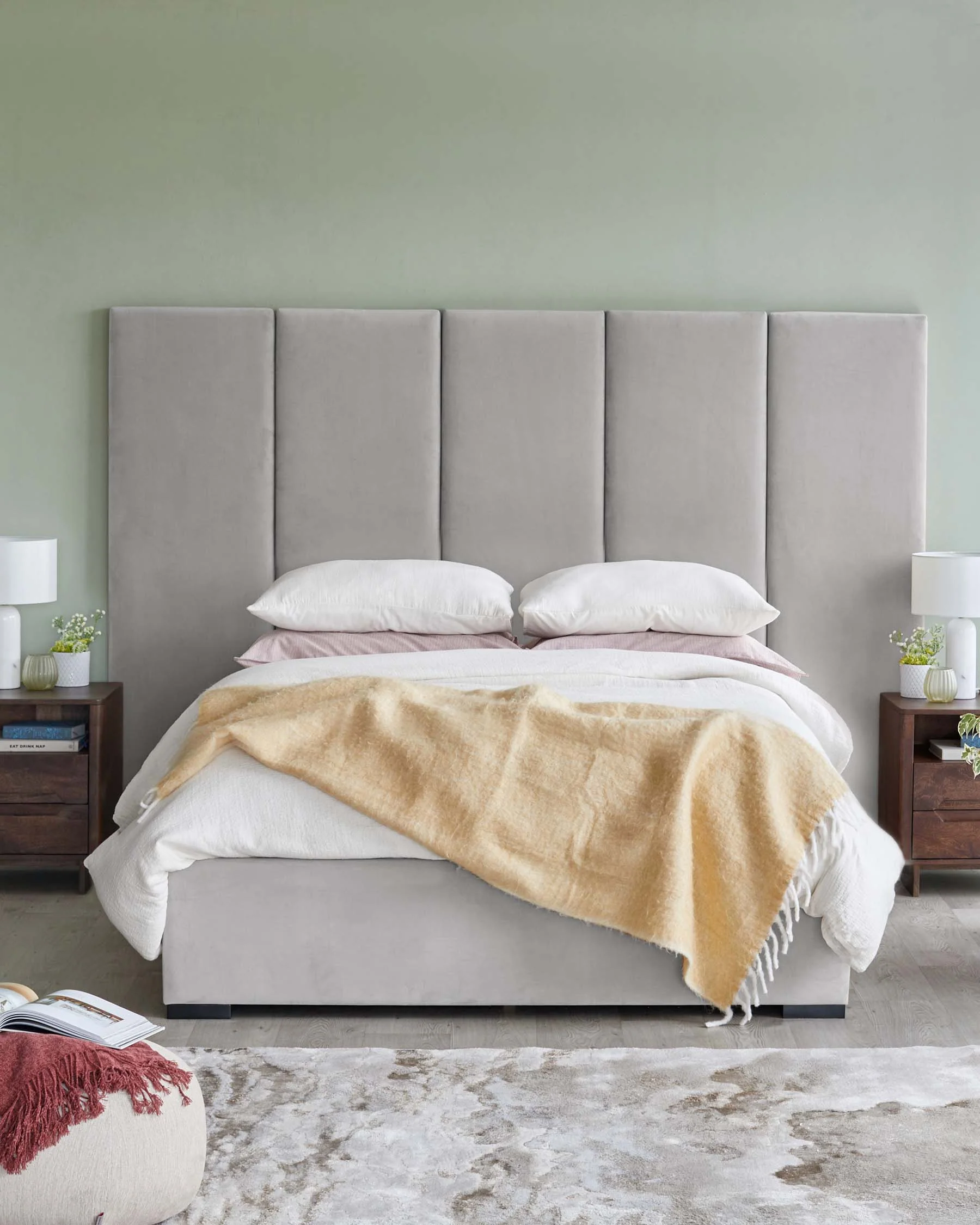 Penelope light grey recycled velvet king size ottoman bed with 5 panel headboard - Image 4