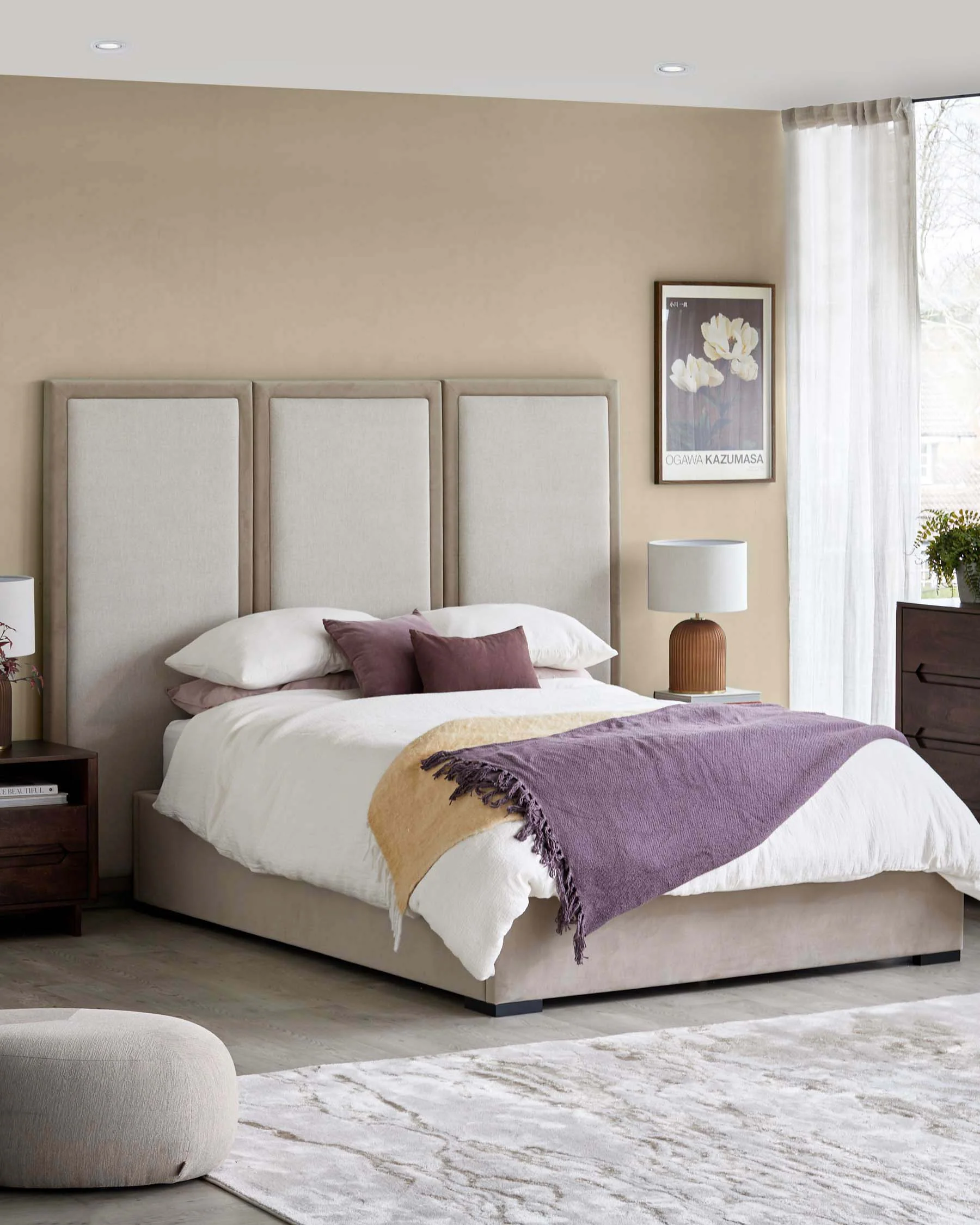 Penelope champagne natural mixed material super king ottoman bed with 3 panel headboard