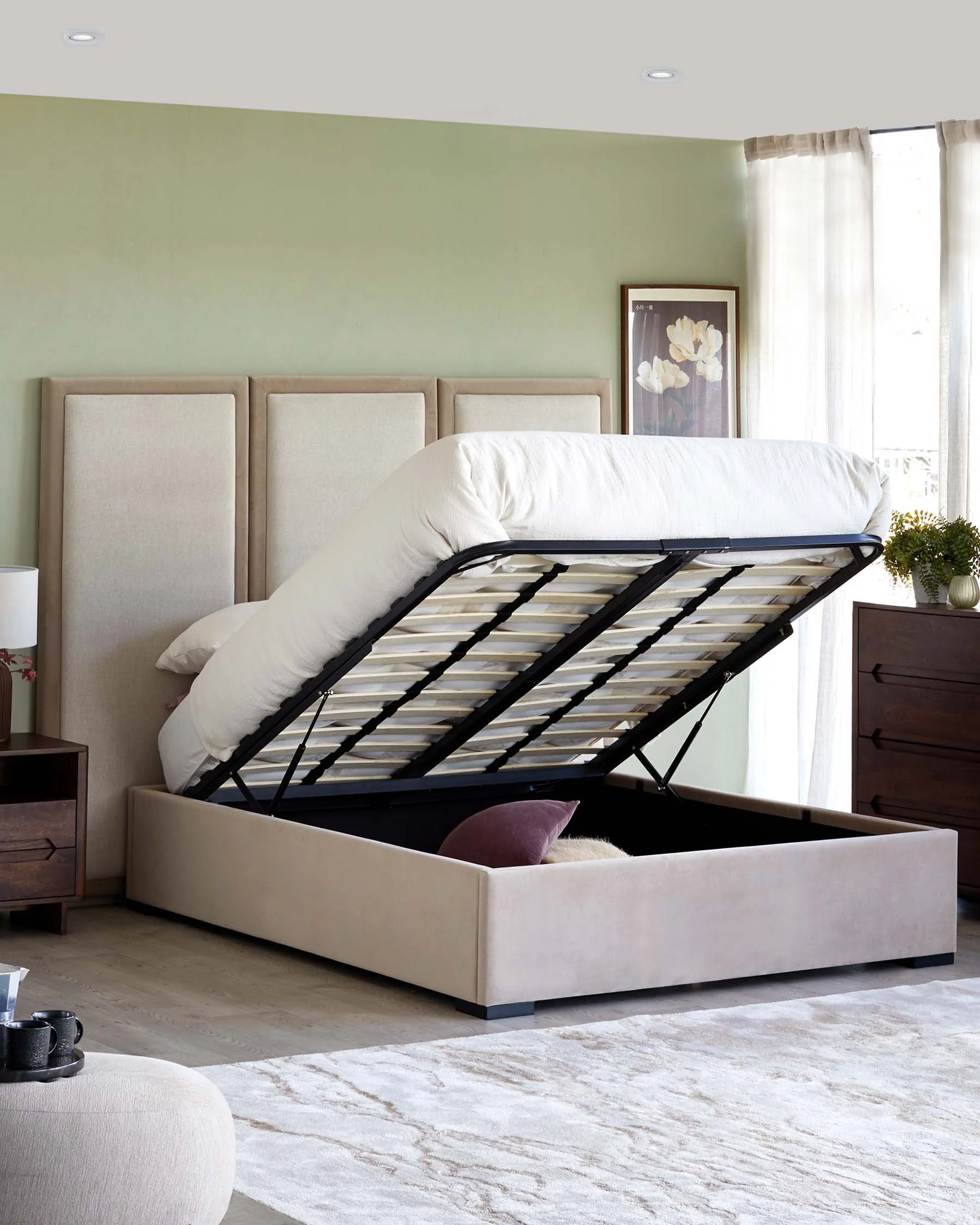 Penelope champagne natural mixed material super king ottoman bed with 3 panel headboard - Image 2