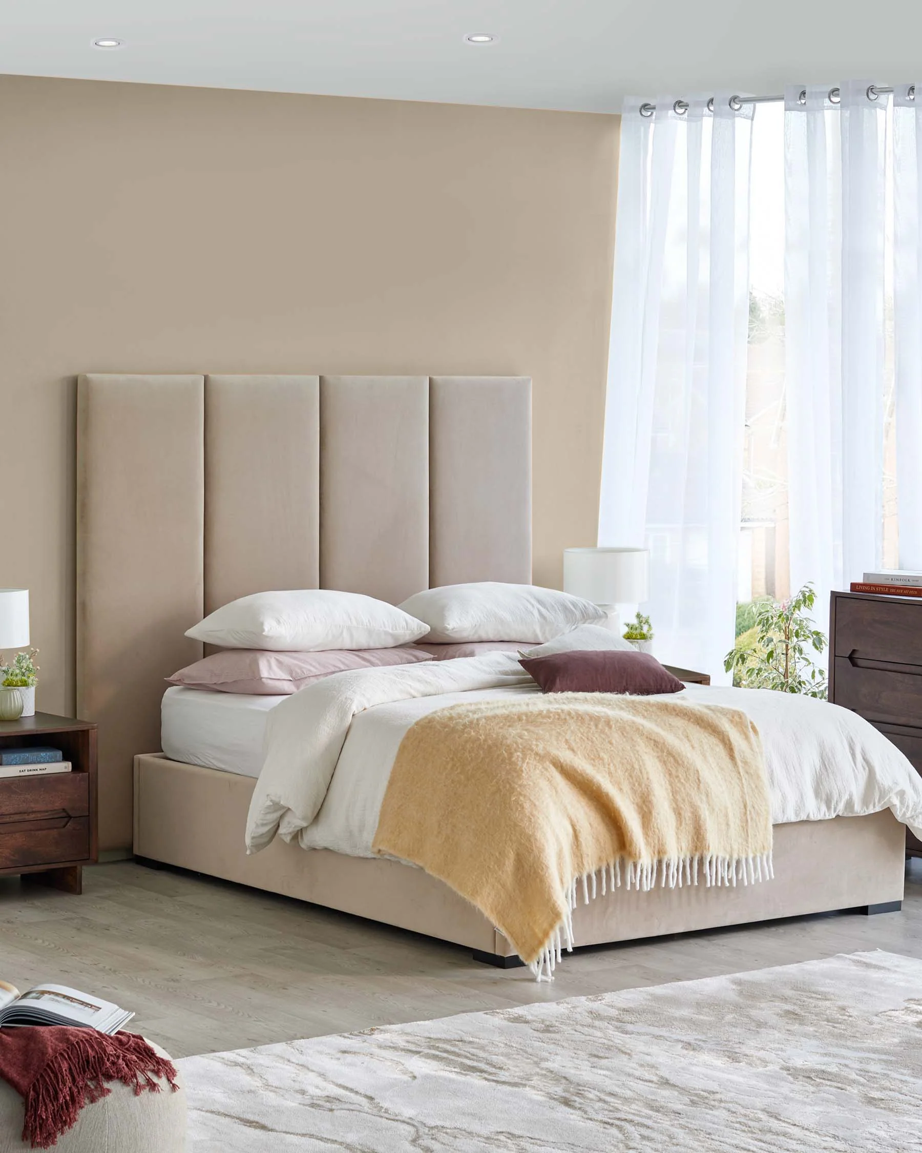 Penelope champagne velvet super king ottoman bed with 4 panel headboard