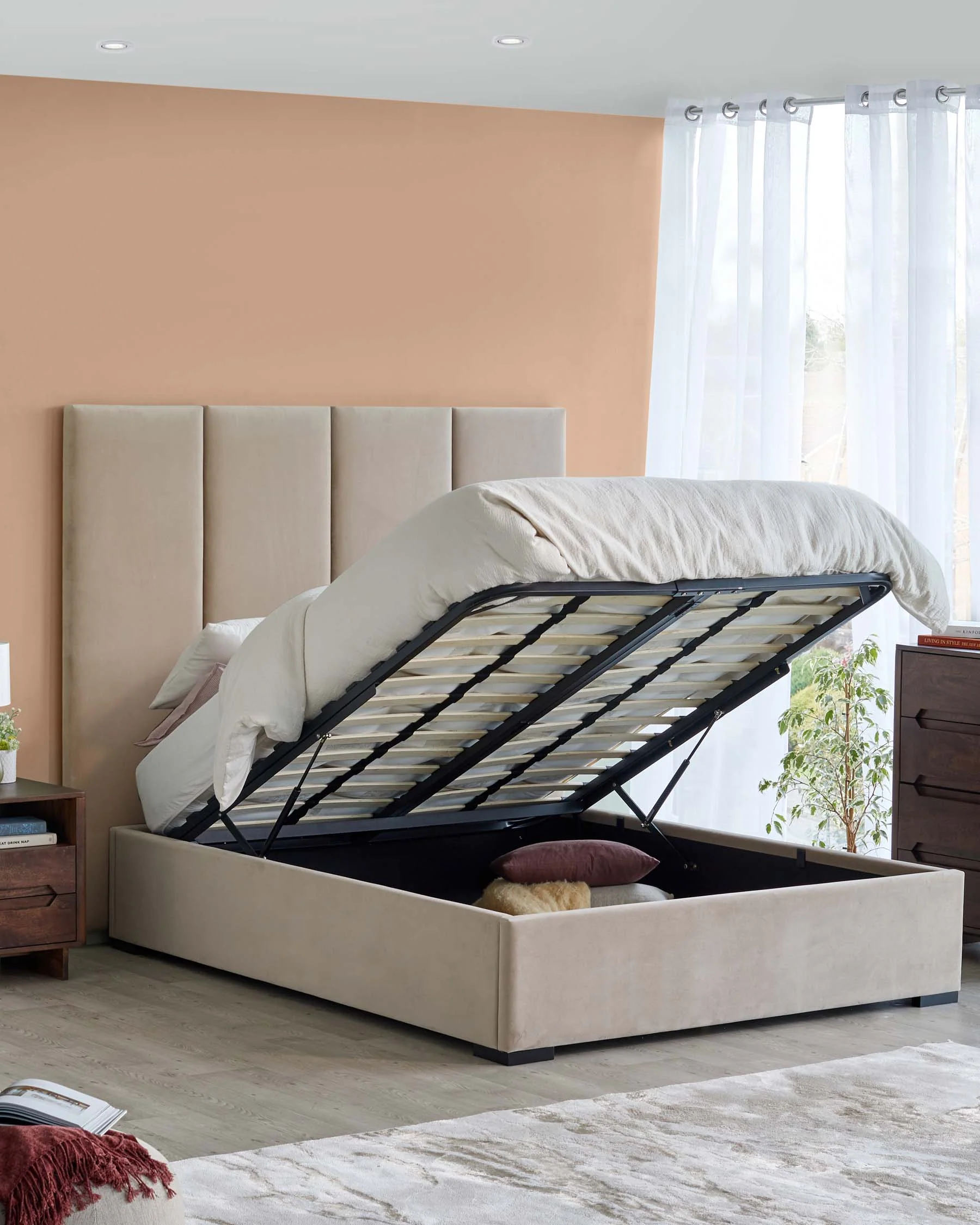 Penelope champagne velvet super king ottoman bed with 4 panel headboard - Image 2