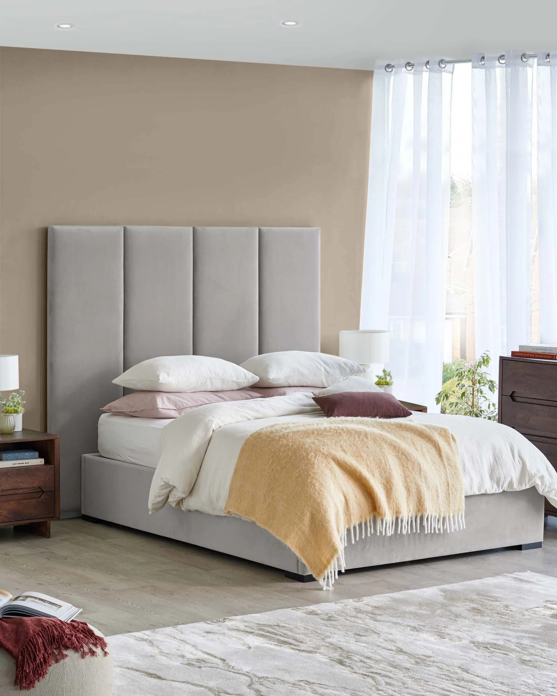 Penelope light grey velvet king size ottoman bed with 4 panel headboard
