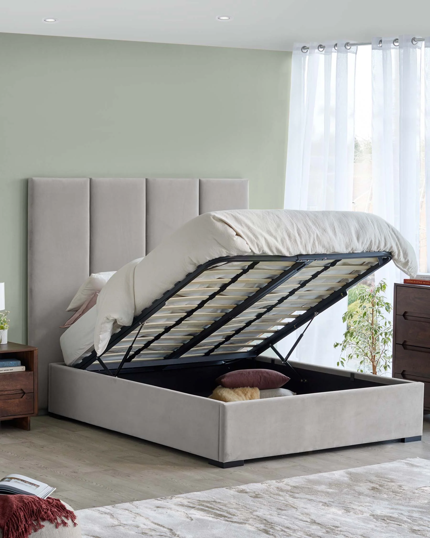 Penelope light grey recycled velvet super king ottoman bed with 4 panel headboard - Image 2