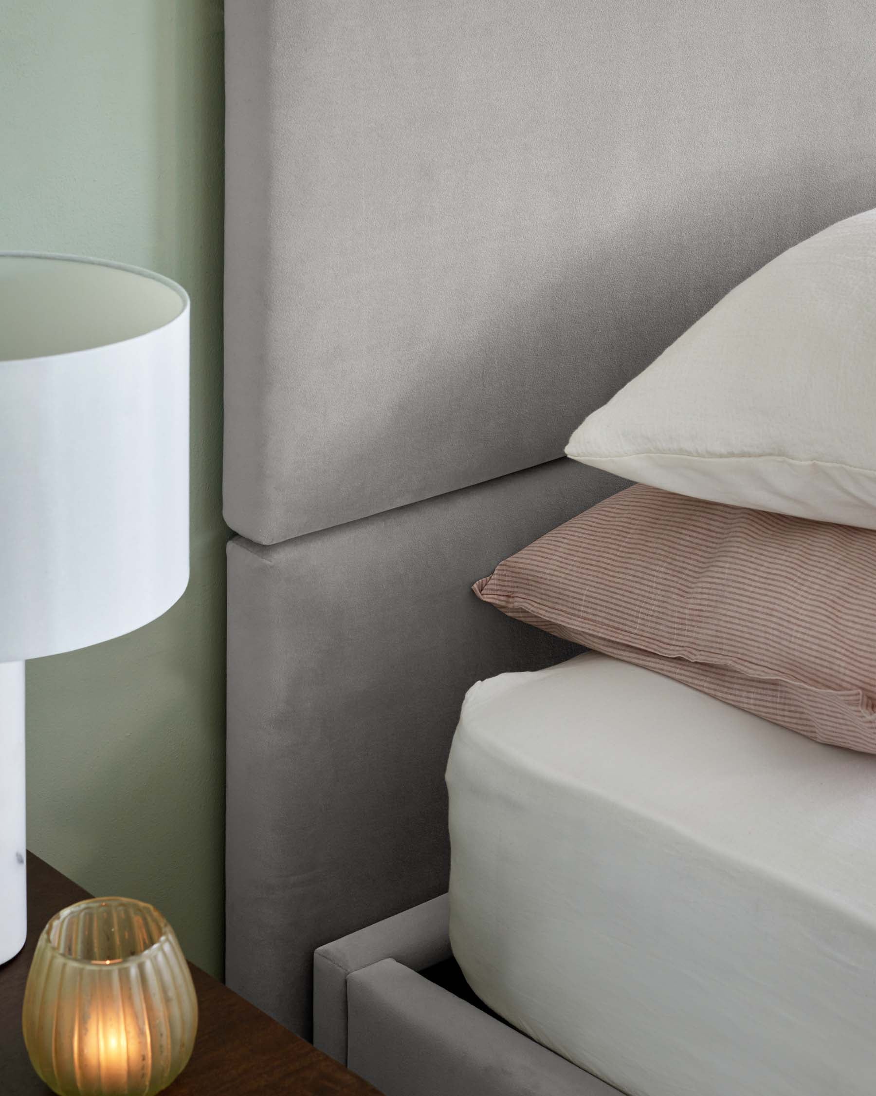Penelope light grey recycled velvet super king ottoman bed with 4 panel headboard - Image 6