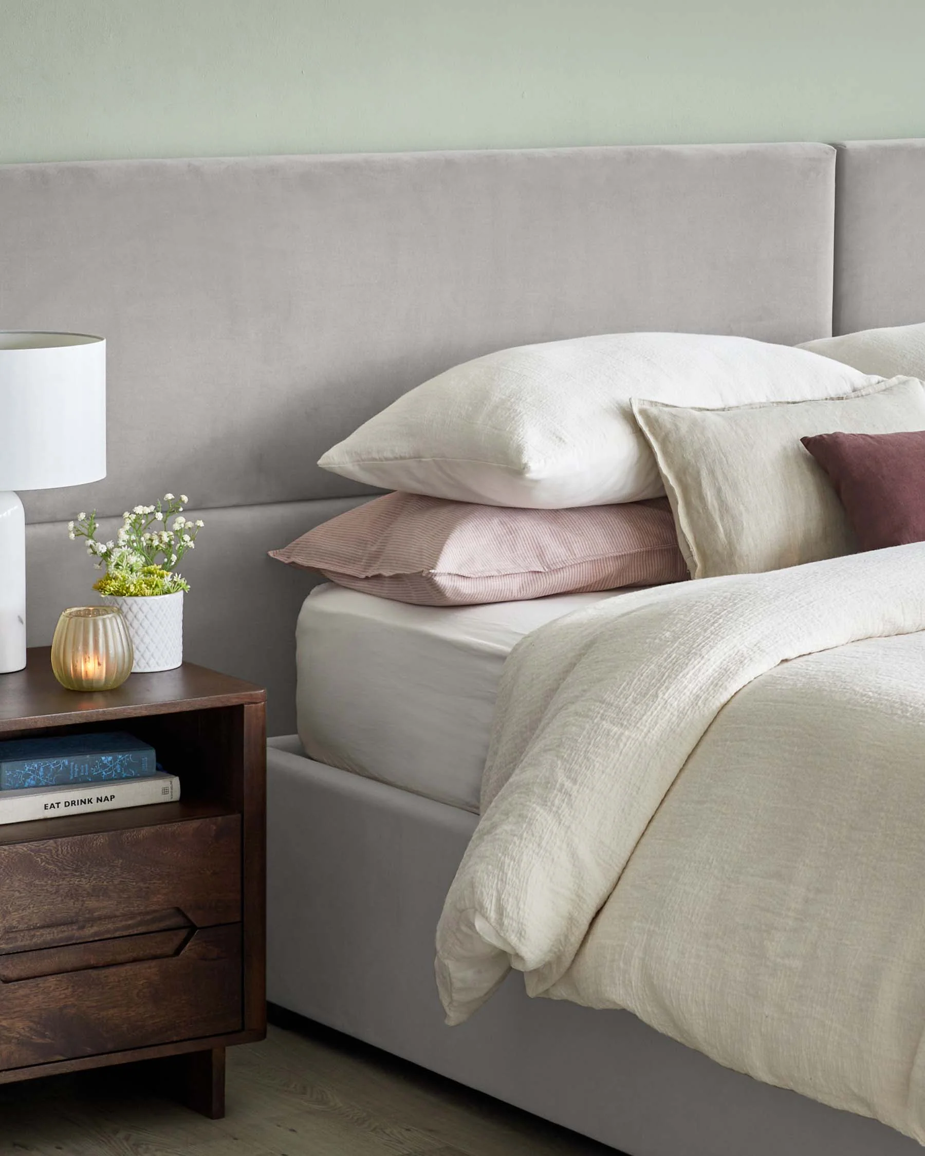 Penelope light grey recycled velvet super king ottoman bed with 4 panel headboard - Image 7