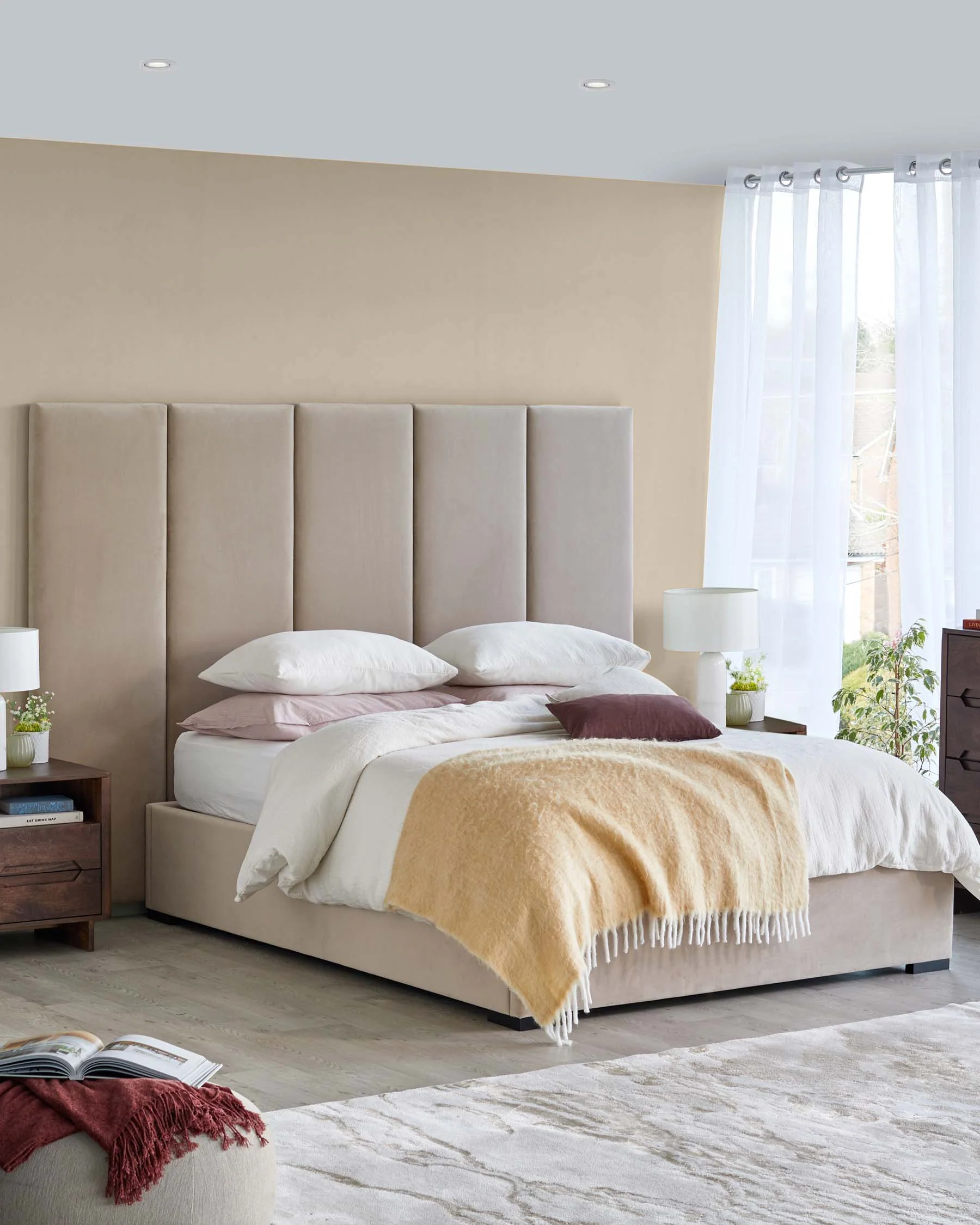 Penelope champagne velvet super king ottoman bed with 5 panel headboard