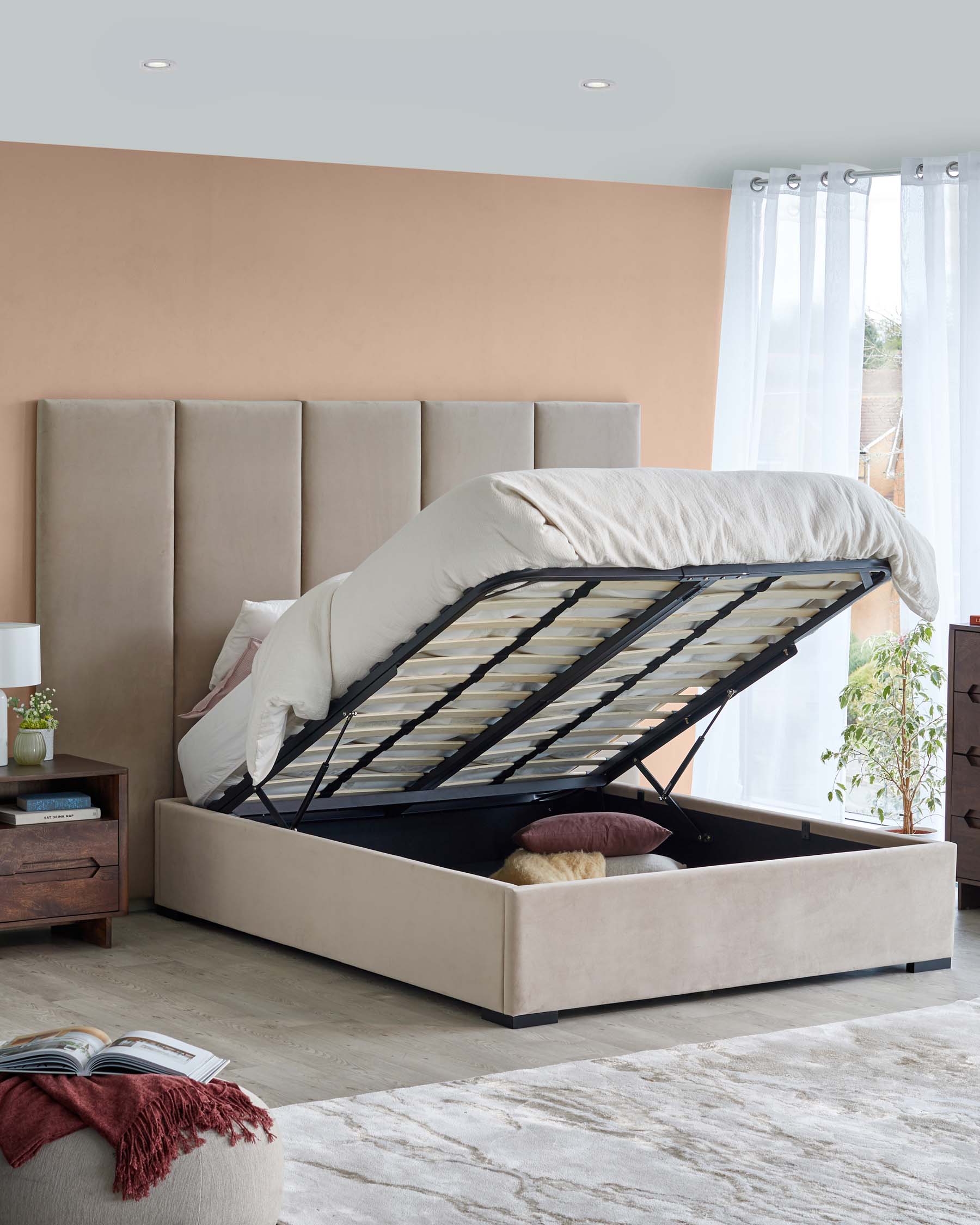 Penelope champagne velvet super king ottoman bed with 5 panel headboard - Image 3