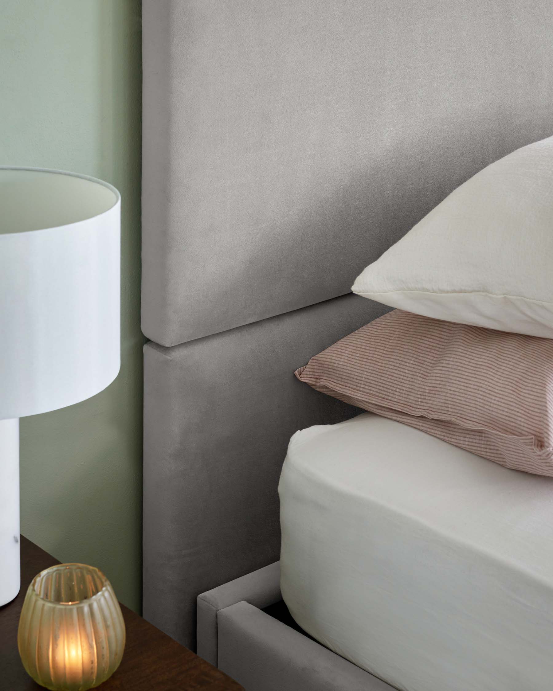 Penelope light grey recycled velvet super king ottoman bed with 5 panel headboard - Image 5