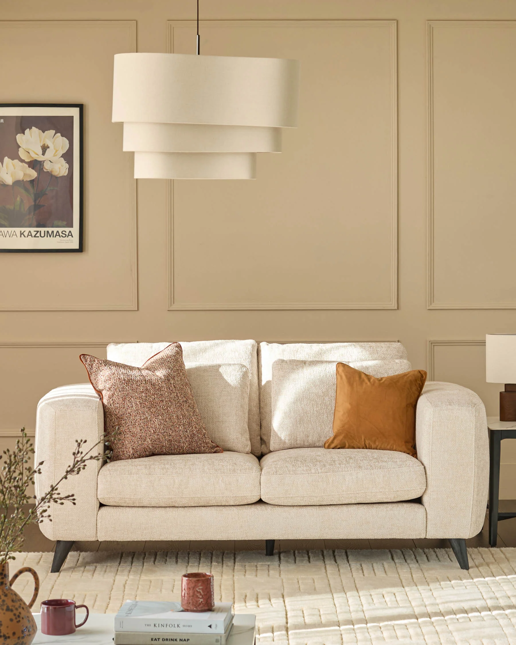 Quinn natural fabric dark wood 2 seater sofa