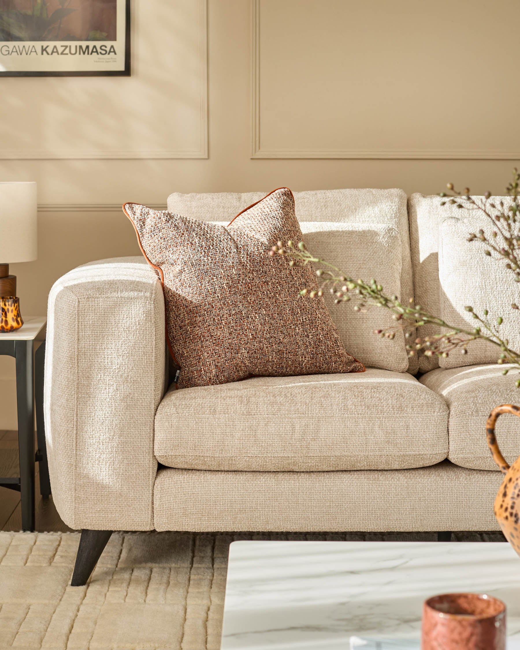 Quinn natural fabric dark wood 2 seater sofa - Image 4